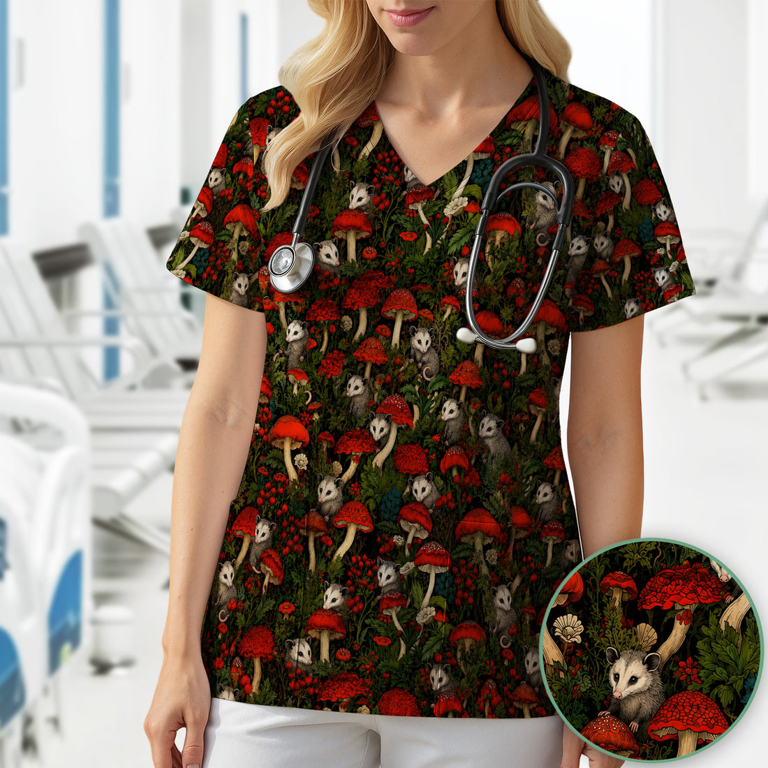 Woodland Opossum Red Mushroom Pattern Scrub Top, Comfortable Scrubs for Nurses