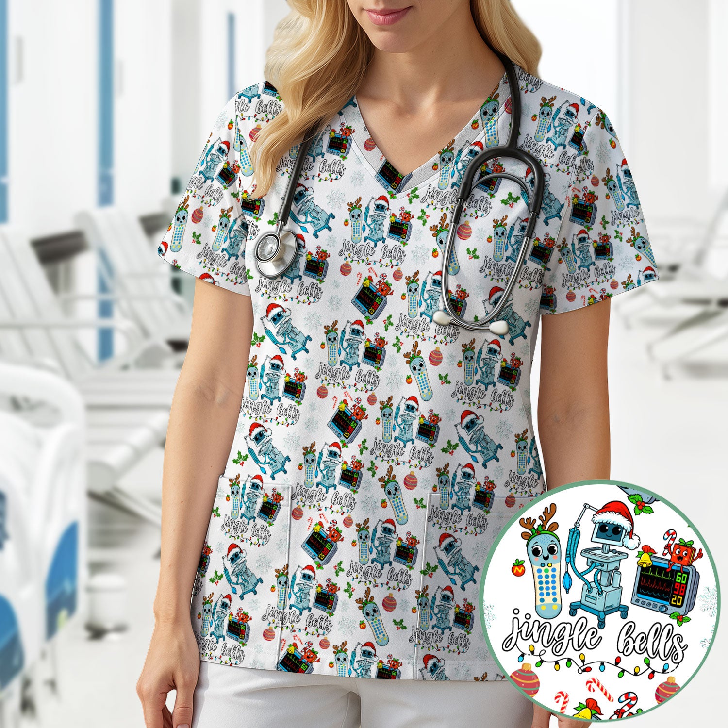 Jingle Bells Christmas Scrub Top - Funny Xmas Scrubs for Nurses - Breathable Fabrics Nursing Uniform for RN CNA LPN
