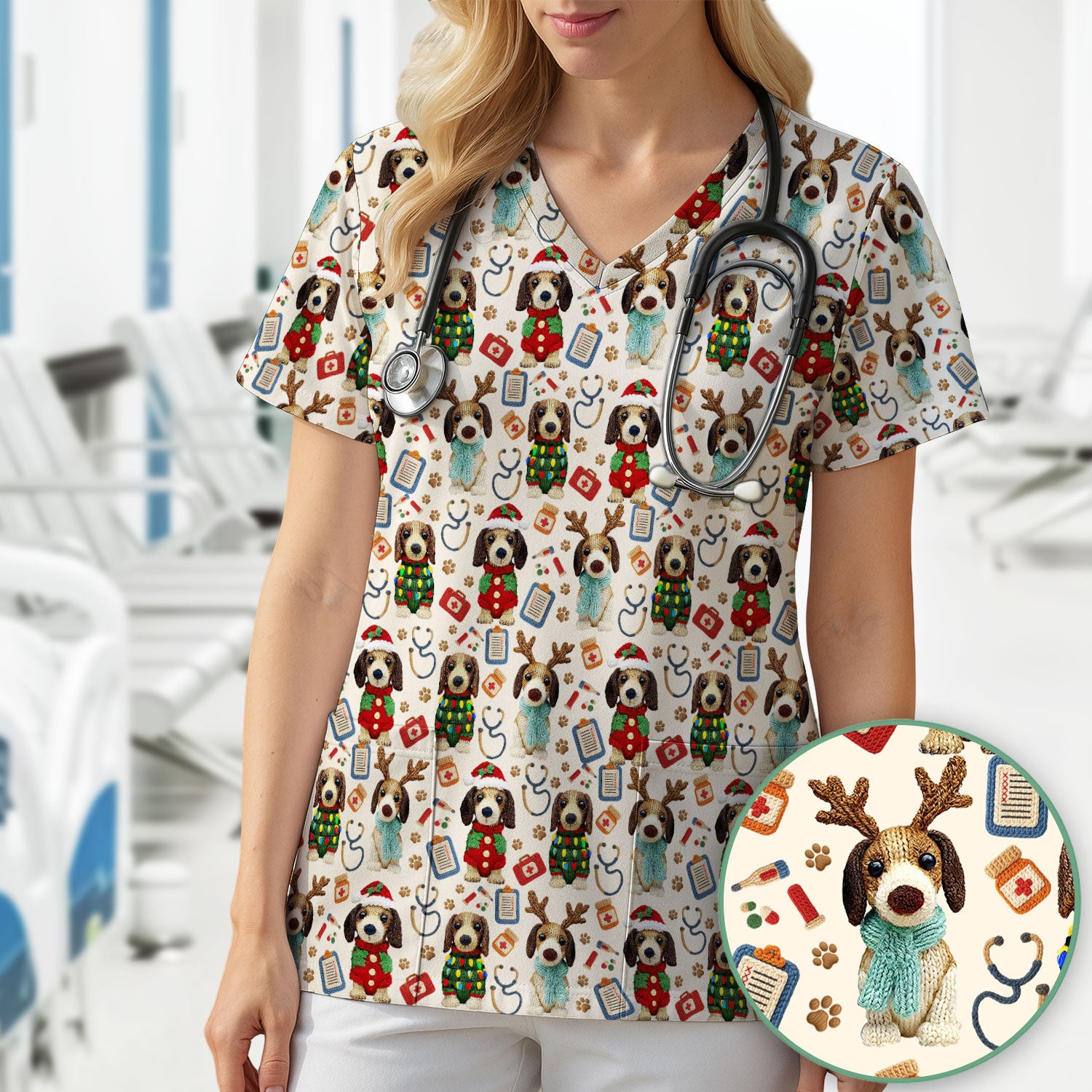 Christmas Doxie Scrubs for Women - Cute Dachshund Christmas Scrub Top for Nurses - Funny Medical Uniform Gift