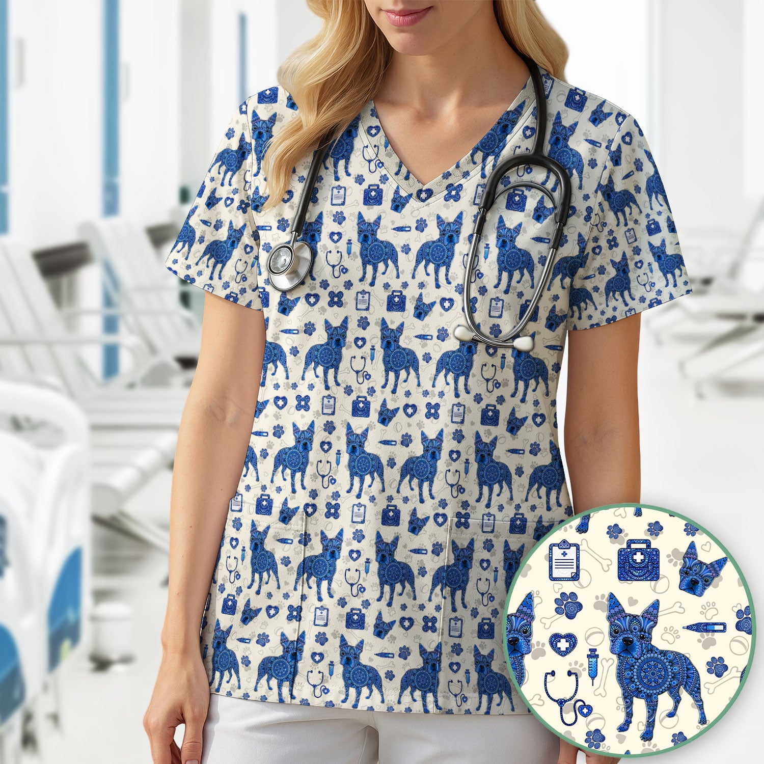 Blue Heeler Australian Cattle Dog Scrub Top, Australia Dot Art Pattern Shirt, Breathable Fabrics Nursing Uniform