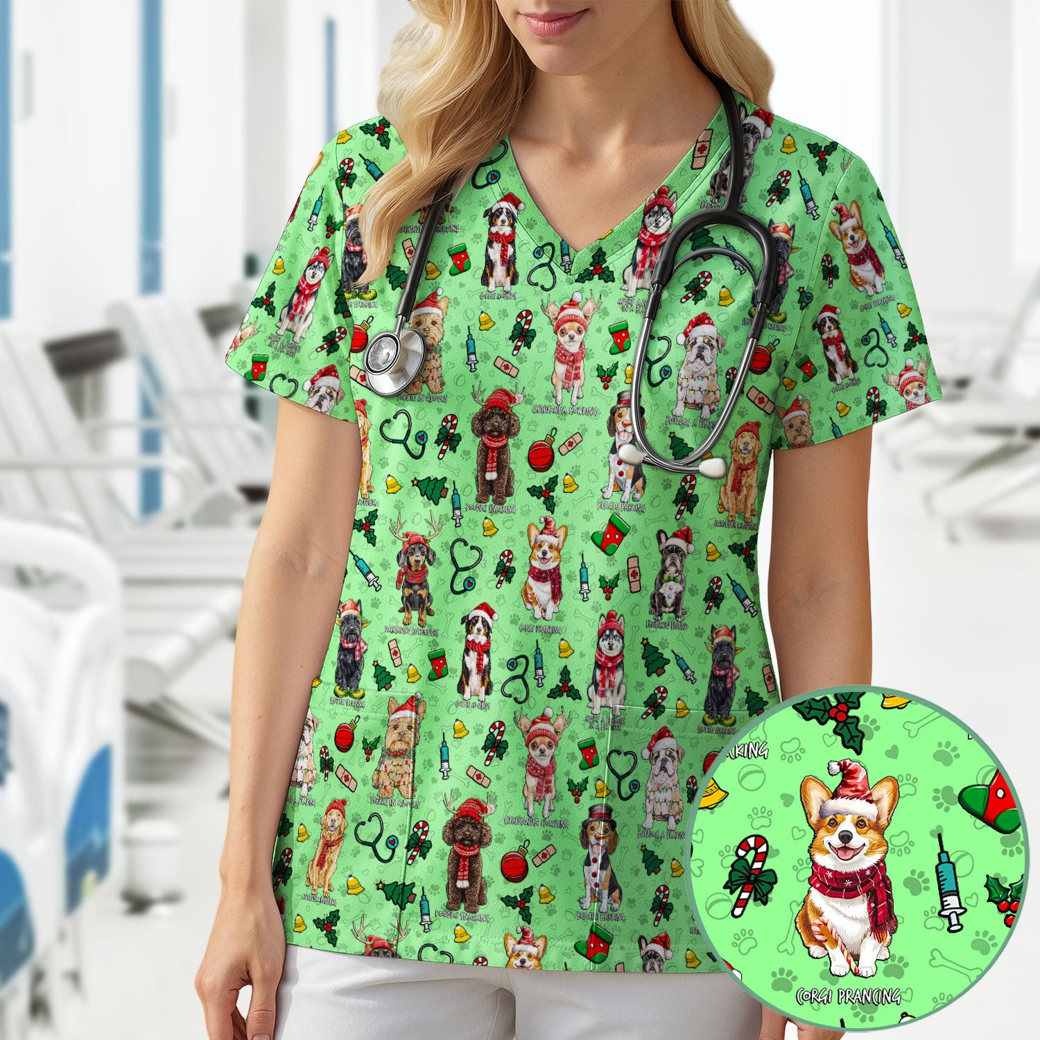Cute Christmas Dog Scrubs for Nurses - Corgi, Dachshund, Husky, Poodle & Labrador - Funny Holiday Medical Scrub Top for Women
