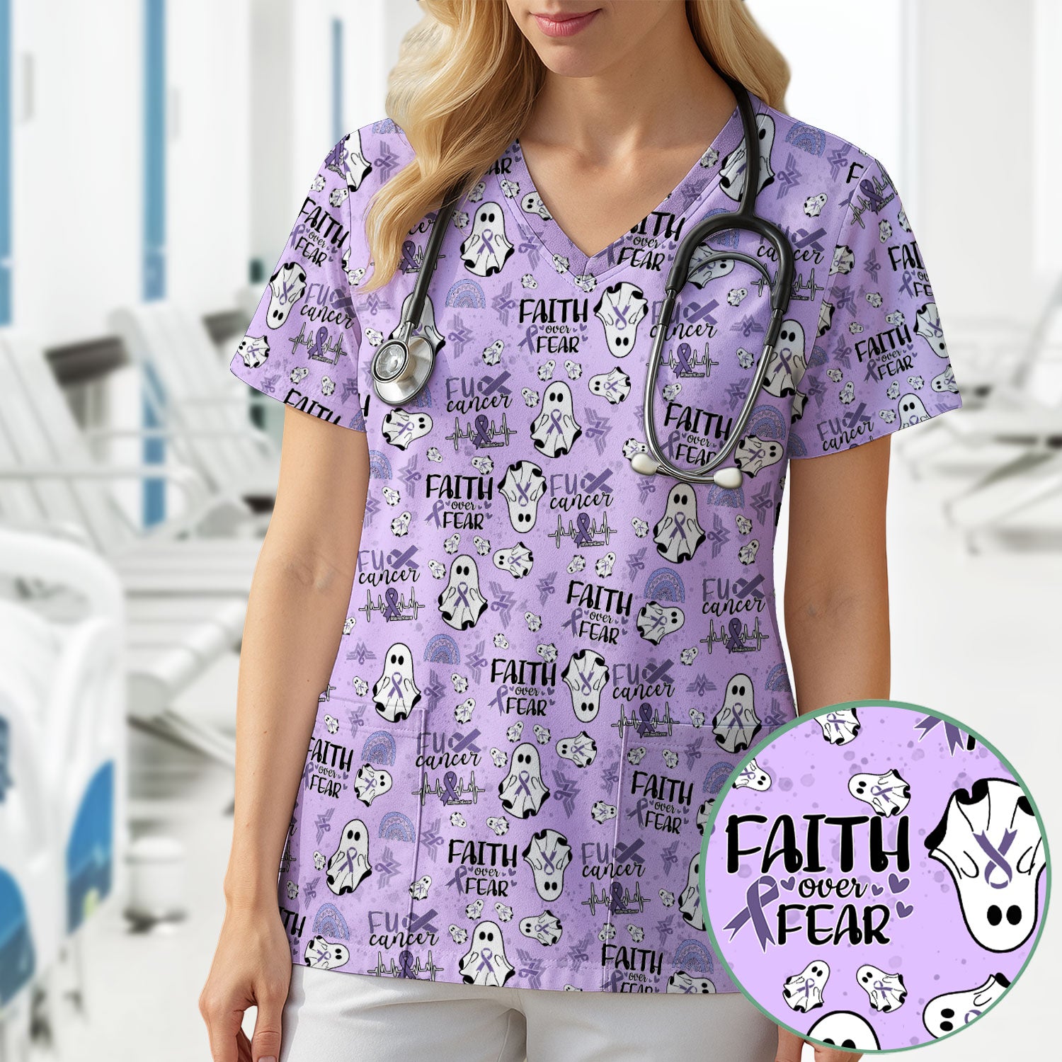 Periwinkle Ribbon Stomach Cancer Scrub Top - Awareness Nurse Shirt - November Warrior Survivor Medical Uniform Gift