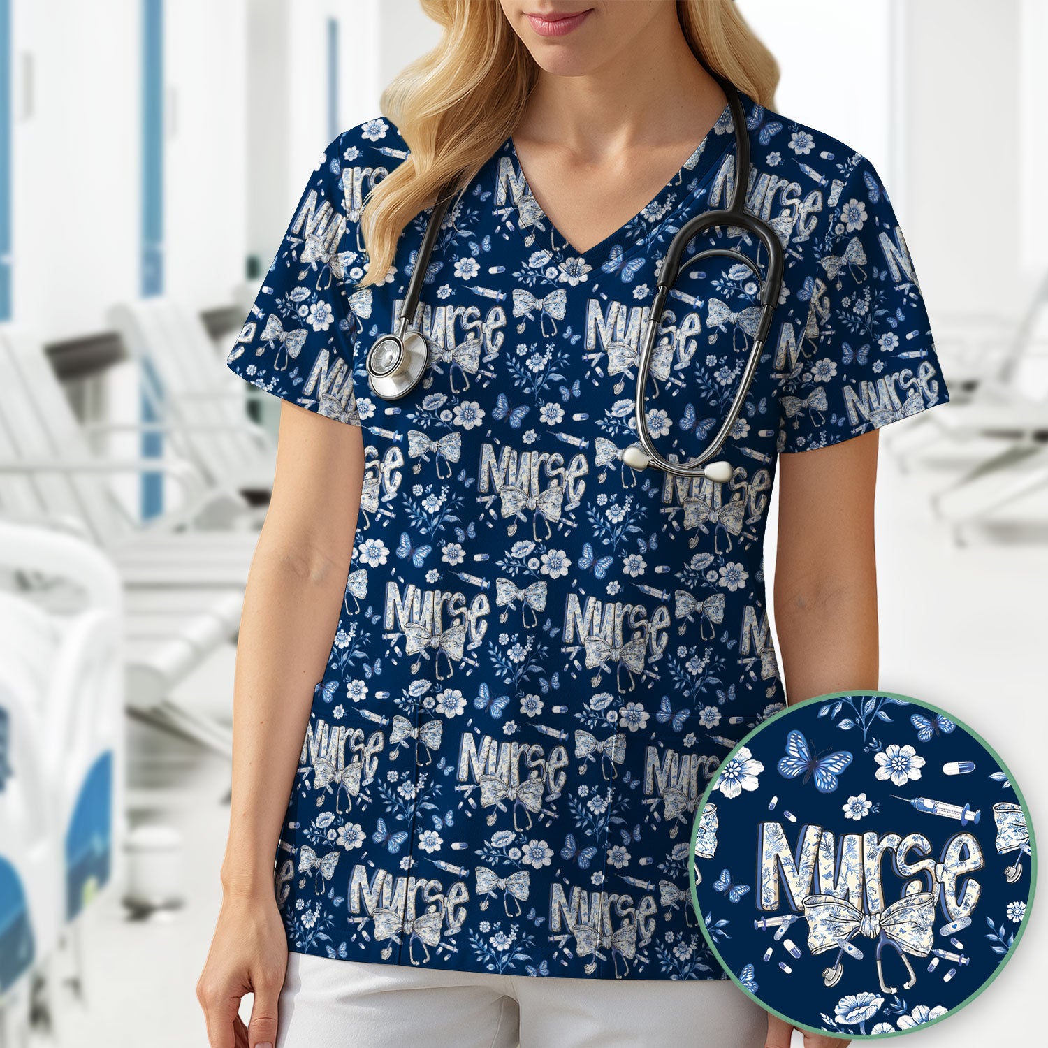 Blue Nurse Letter Bow Butterfly Floral Print Scrub Top, Comfortable Scrubs for Nurses