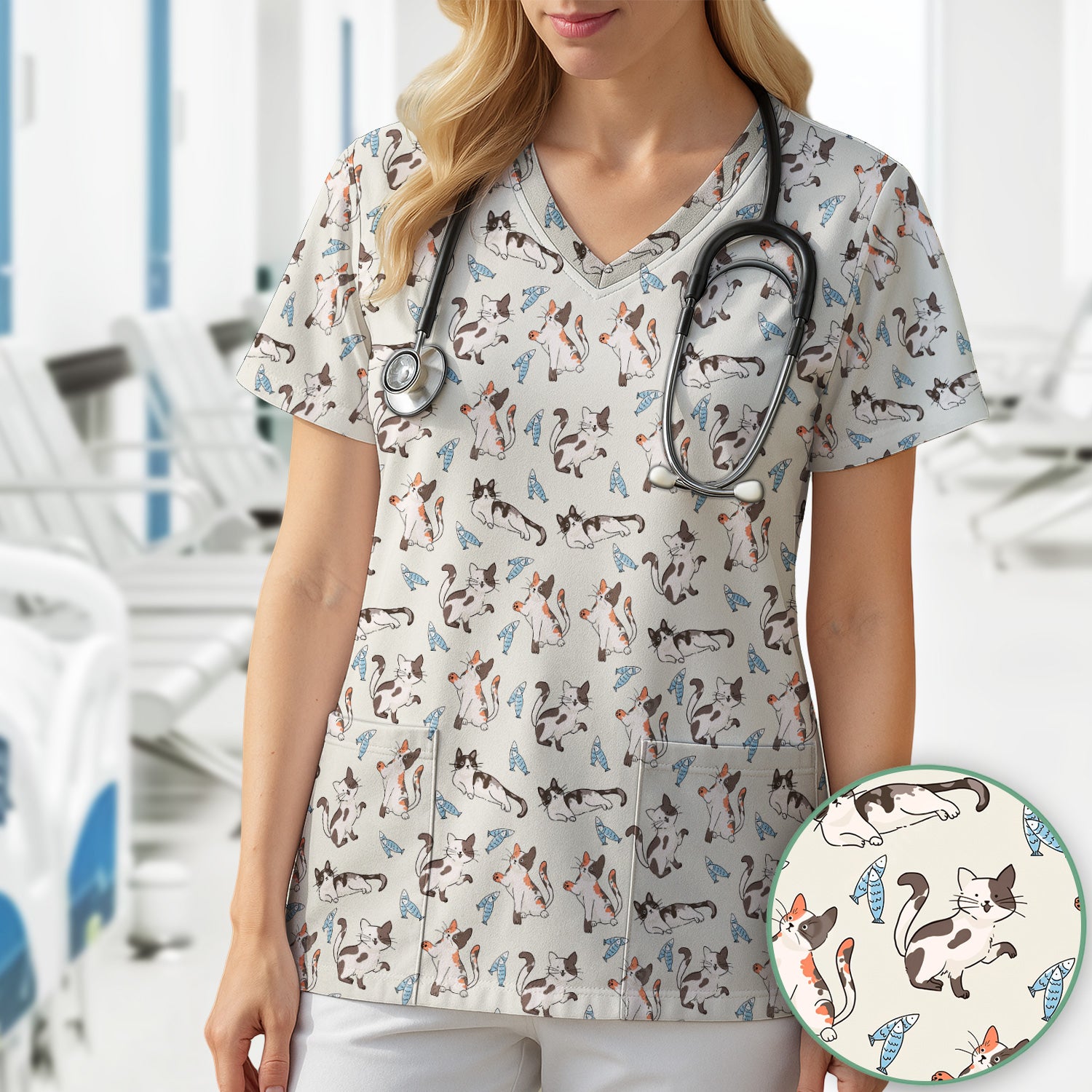 Cute Playful Cats With Fish Pattern Nurse Scrub Top, Comfortable Scrubs for Nurses