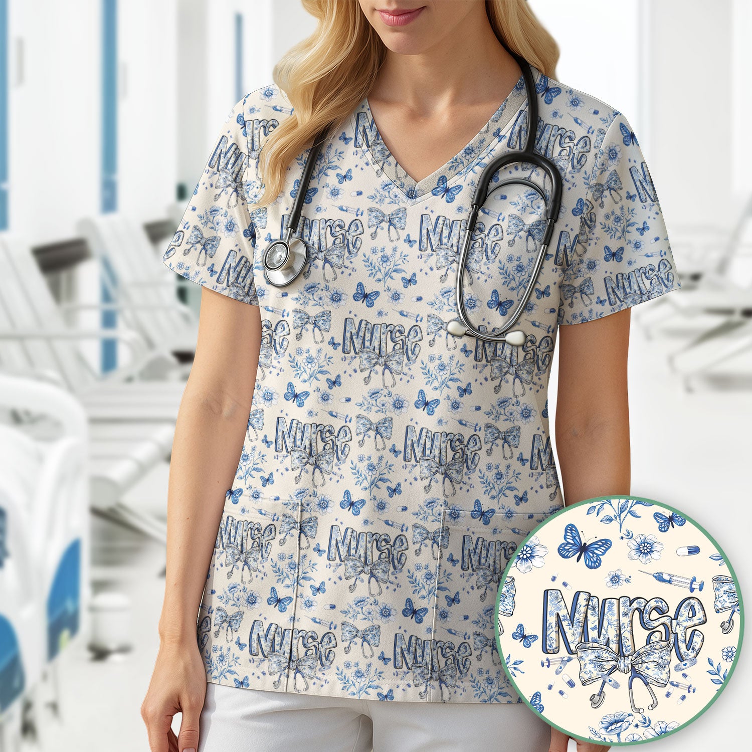 Blue Nurse Letter Bow Butterfly Floral Print Scrub Top, Comfortable Scrubs for Nurses