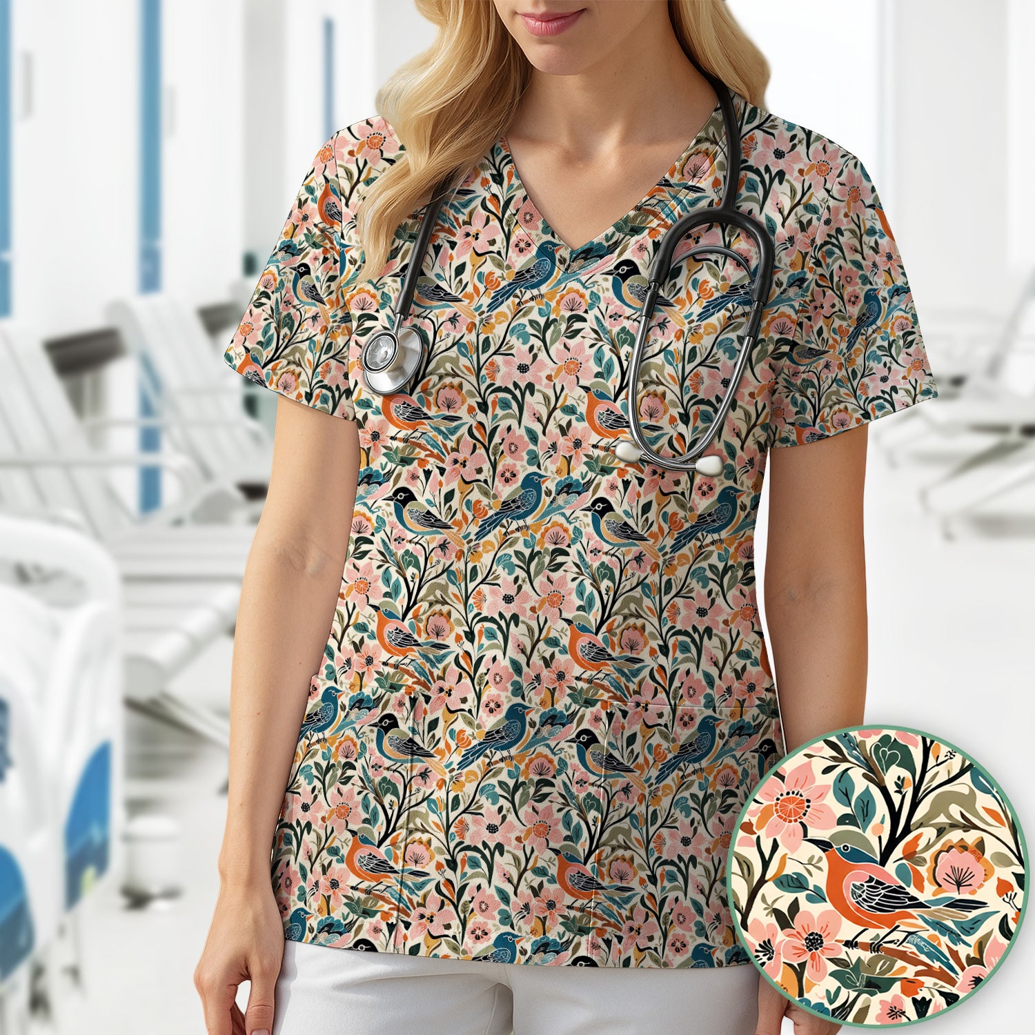 Folk Art Songbird Floral Pattern Scrub Top, Comfortable Scrubs for Nurses