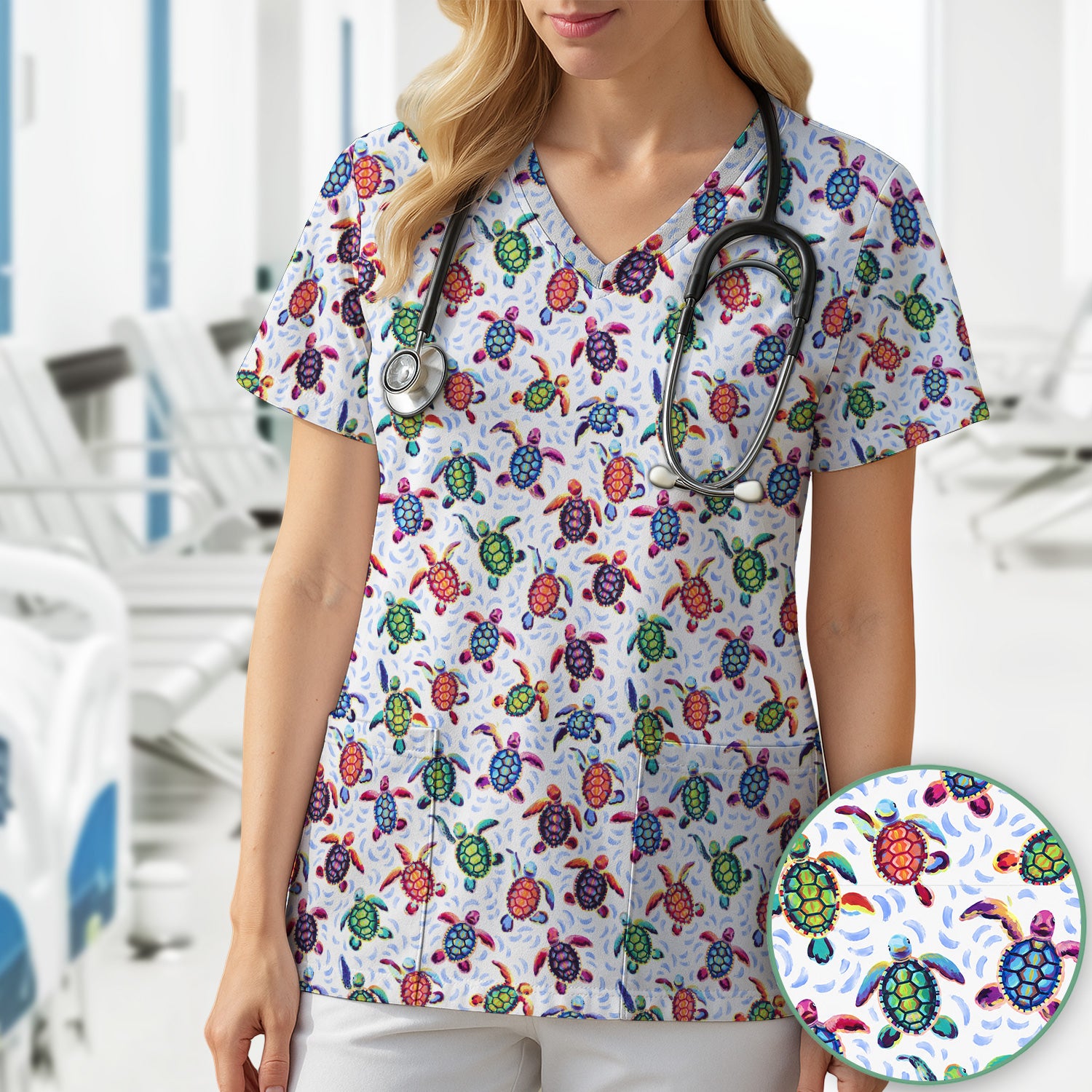 Colorful Sea Turtle Wave Pattern Scrub Top, Comfortable Scrubs for Nurses