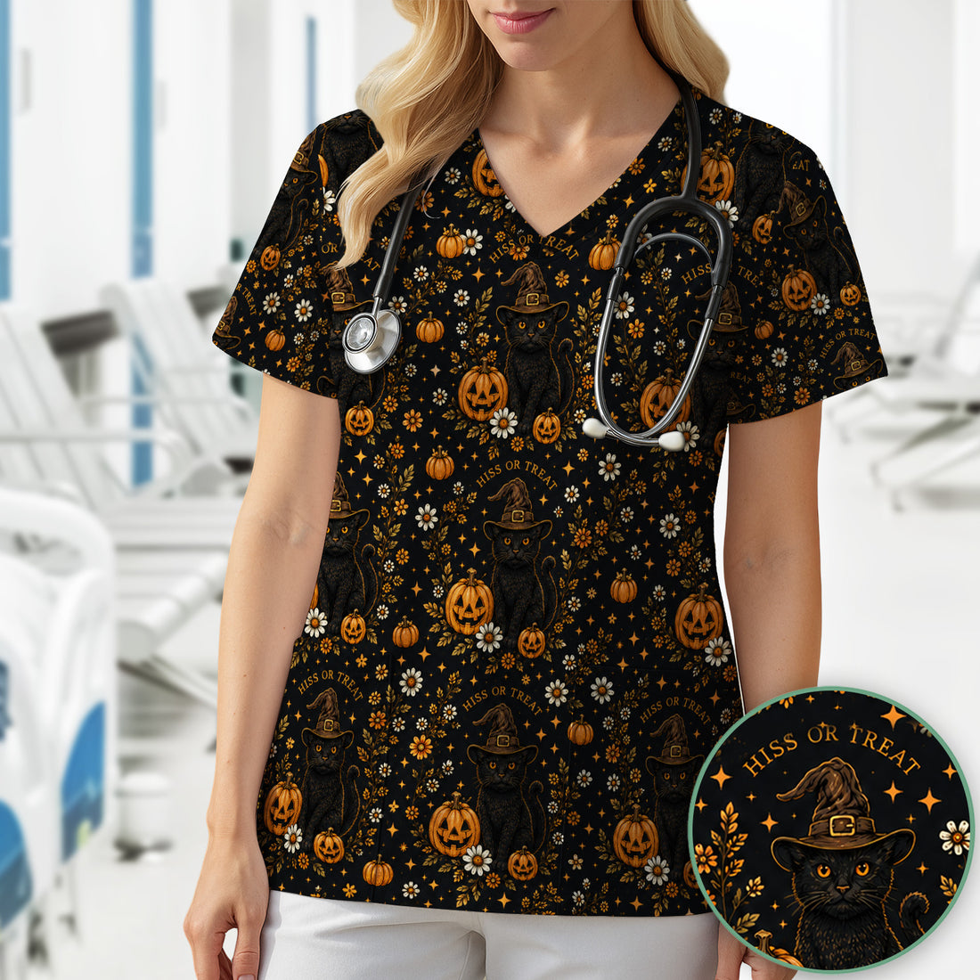 Halloween Black Cat Pumpkin Floral Scrub Top, Comfortable Scrubs for Nurses