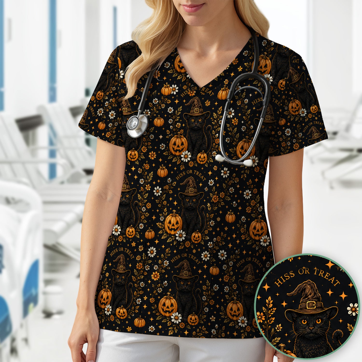 Halloween Black Cat Pumpkin Floral Scrub Top, Comfortable Scrubs for Nurses