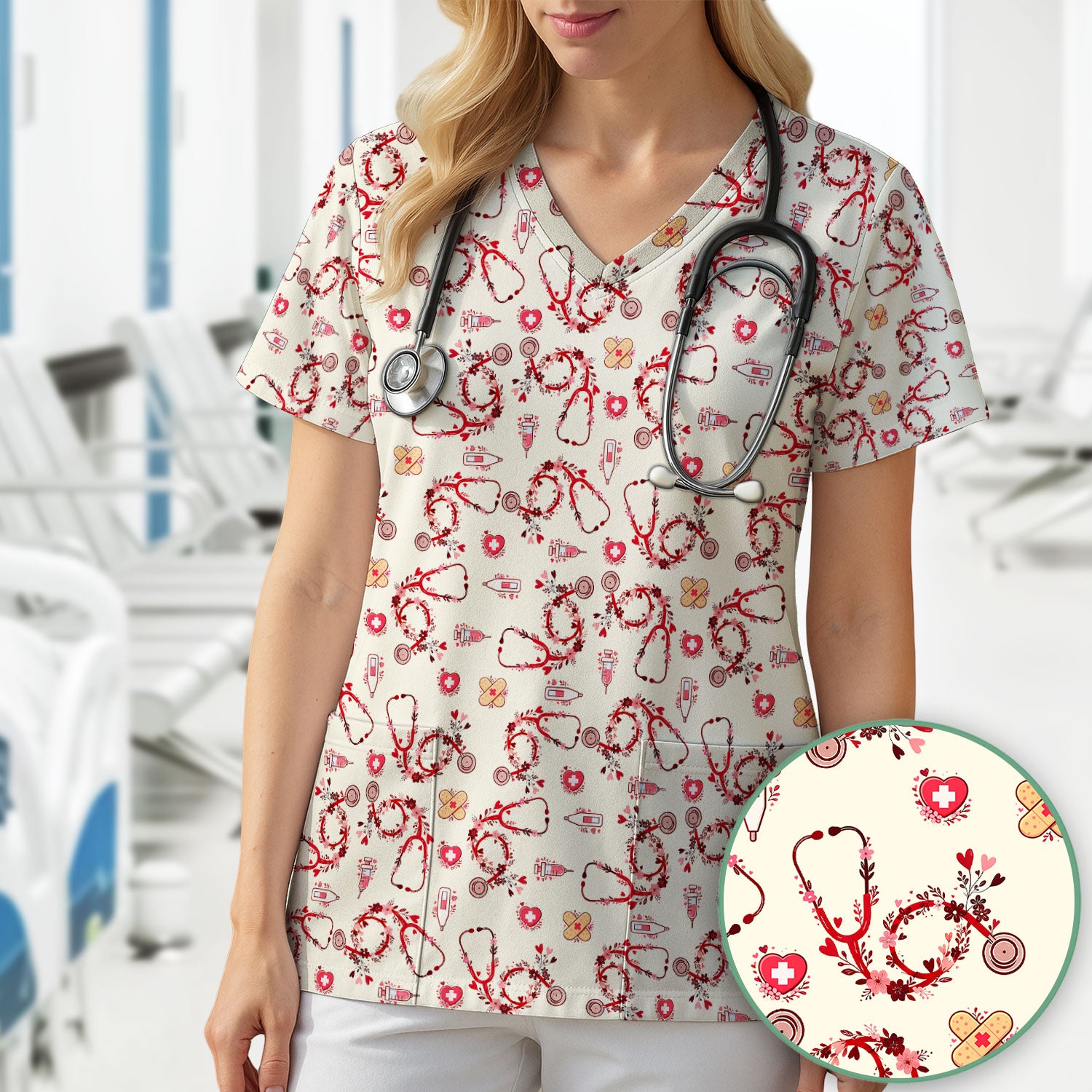 Heart Stethoscope Medical Pattern Scrub Top, Breathable Fabrics Nursing Uniform