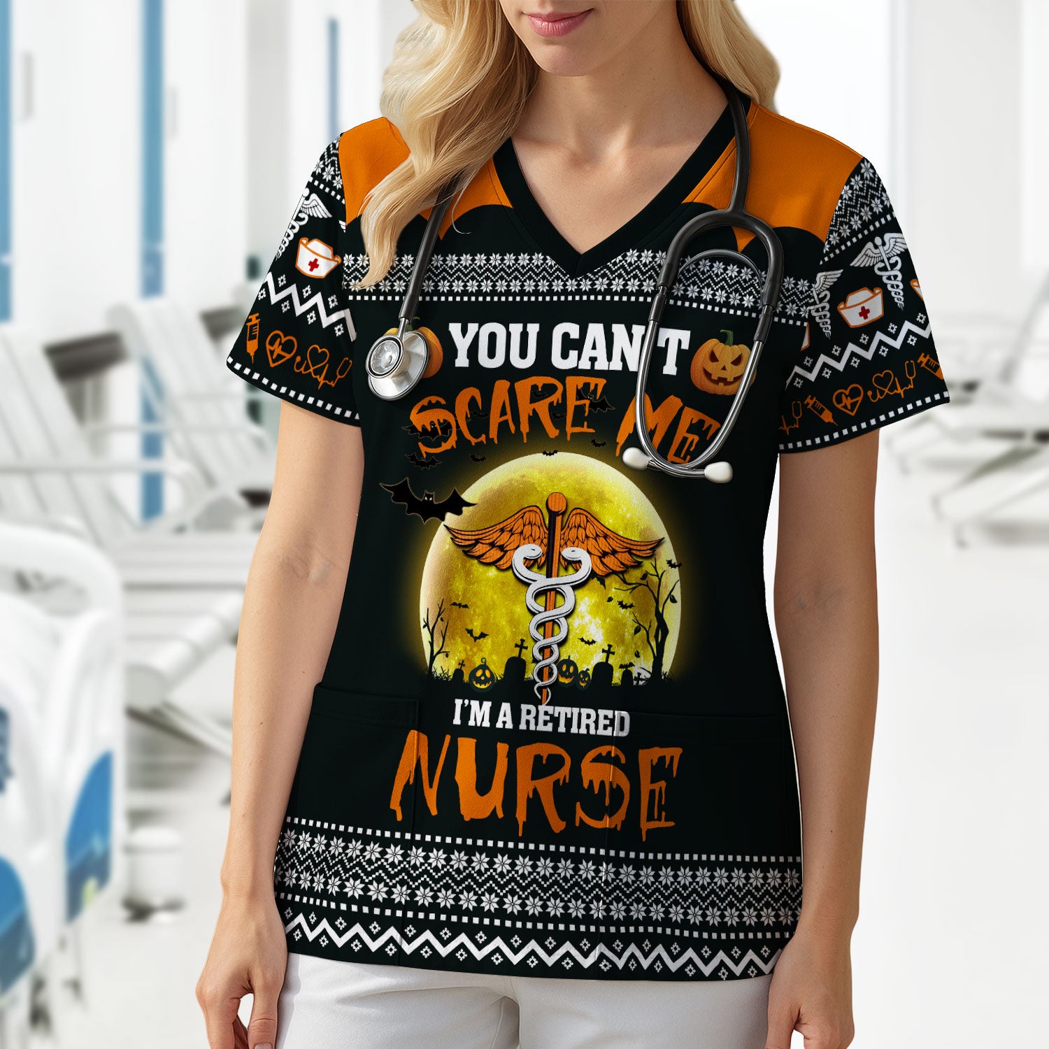 Funny Halloween Retired Nurse Scrub Top - You Can’t Scare Me Shirt - Spooky Pumpkin Medical Uniform Gift for RN LPN CNA