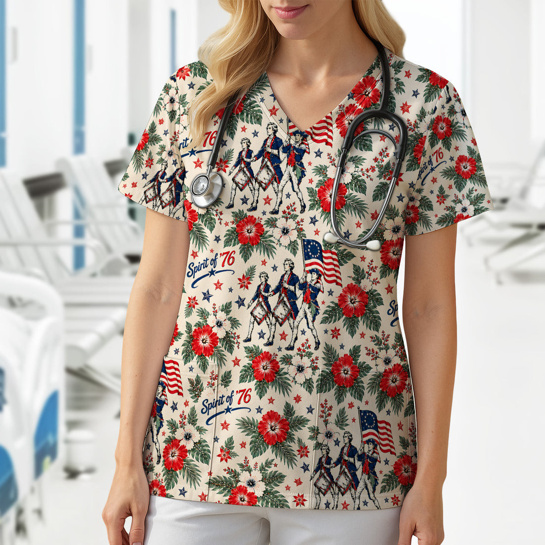 Vintage 1776 Patriot with Floral Flag Scrub Top, Comfortable Scrubs for Nurses