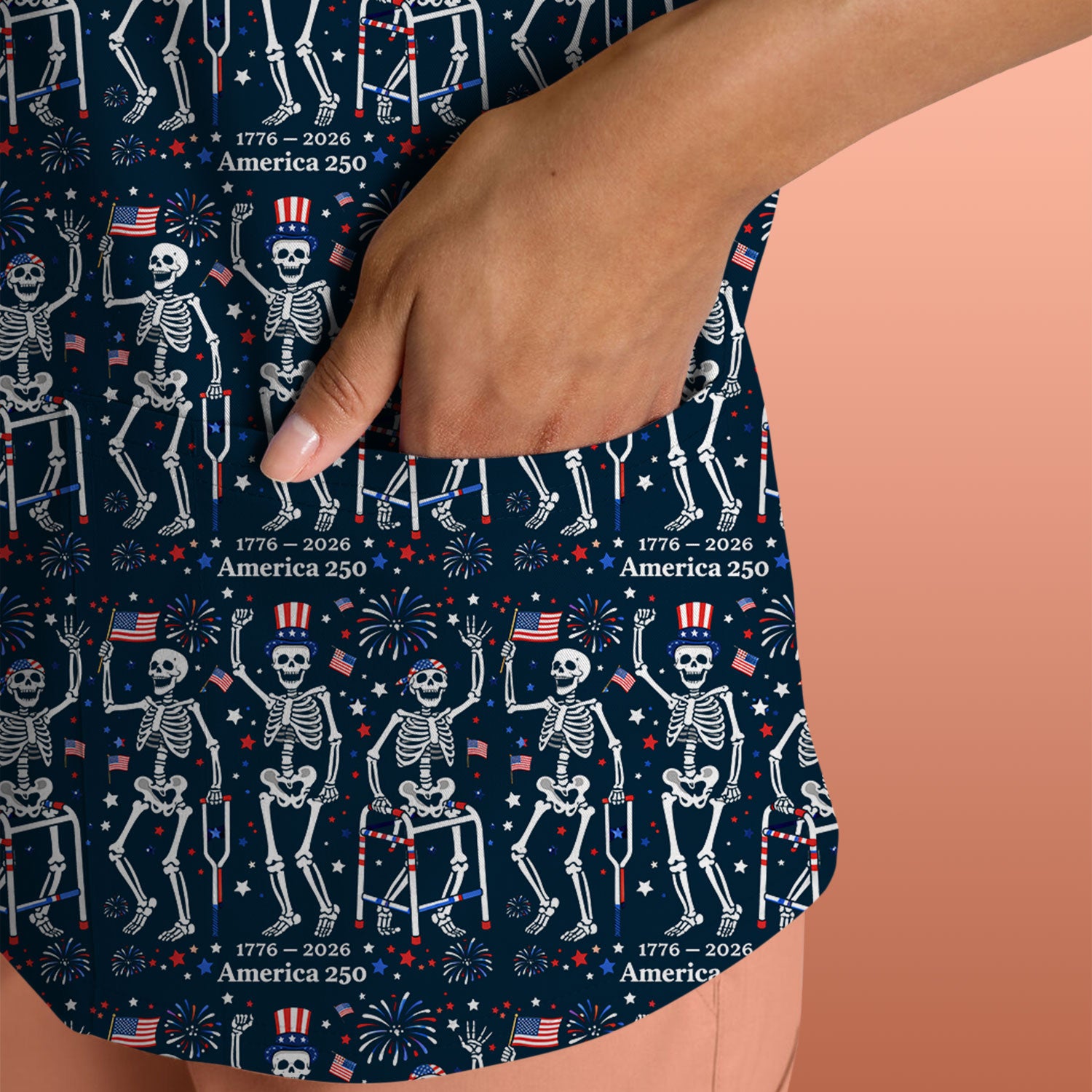 Festive Patriotic Skeleton America 250 Pattern Scrub Top, Comfortable Scrubs For Nurses