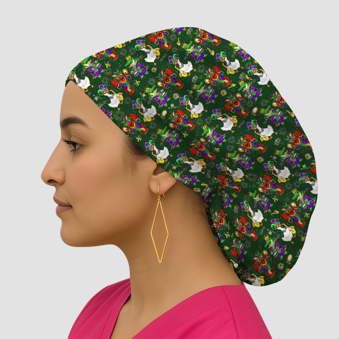 Crawfish And Duck Carnival Scrub Cap, Mardi Gras Parade Pattern Nurse Hat, Breathable Fabrics Nursing Uniform