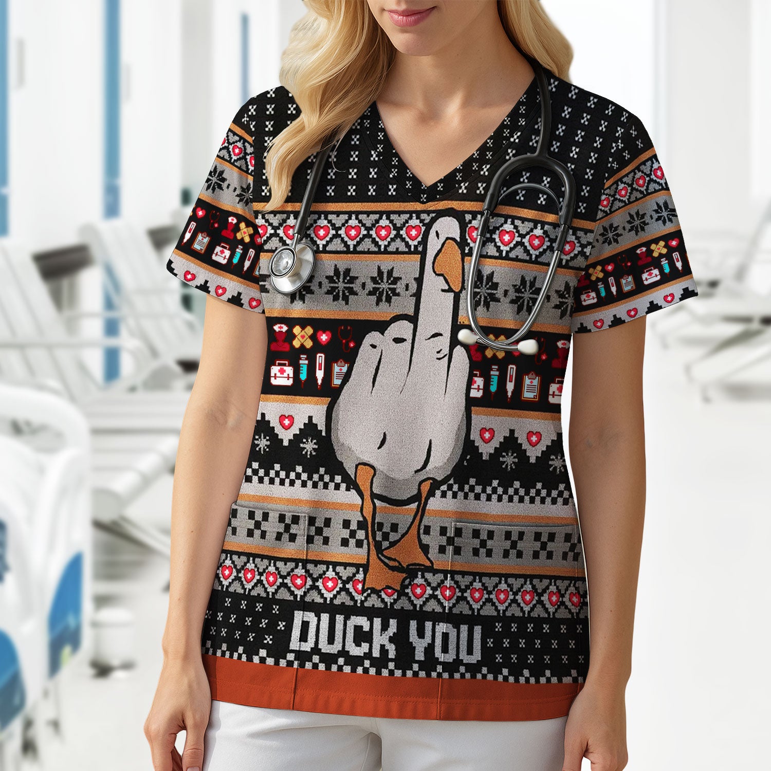 Funny Duck Scrub Top – Ugly Christmas Nurse Pattern – Humorous Medical Uniform For Nursing