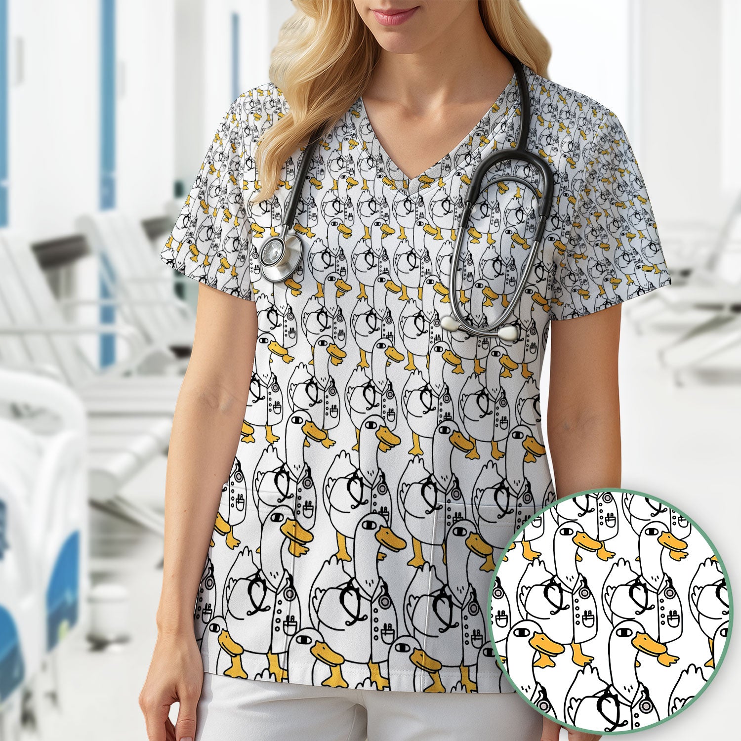 Funny Duck Scrub Top for Women - I'm a Doctor Shirt - Cute Duck In The Row - Breathable Fabrics Nursing Uniform
