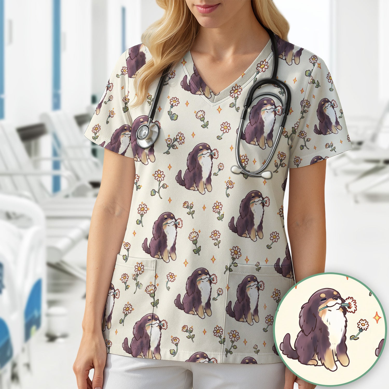 Cute Floral Otter Holding Daisy Pattern Scrub Top, Comfortable Scrubs for Nurses