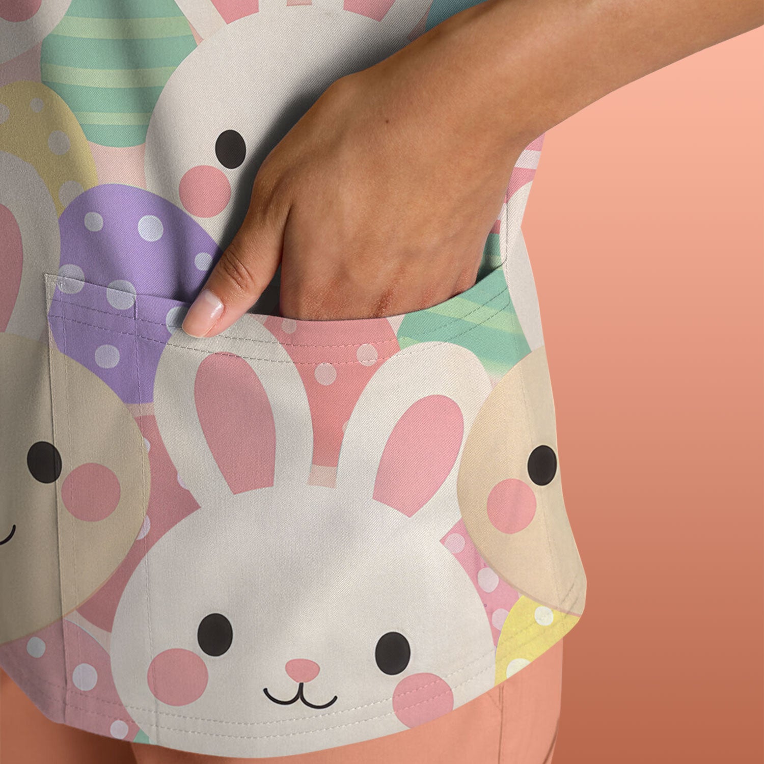 Pastel Bunny Faces Easter Eggs Pattern Scrubs Top, Comfortable Scrubs for Nurses