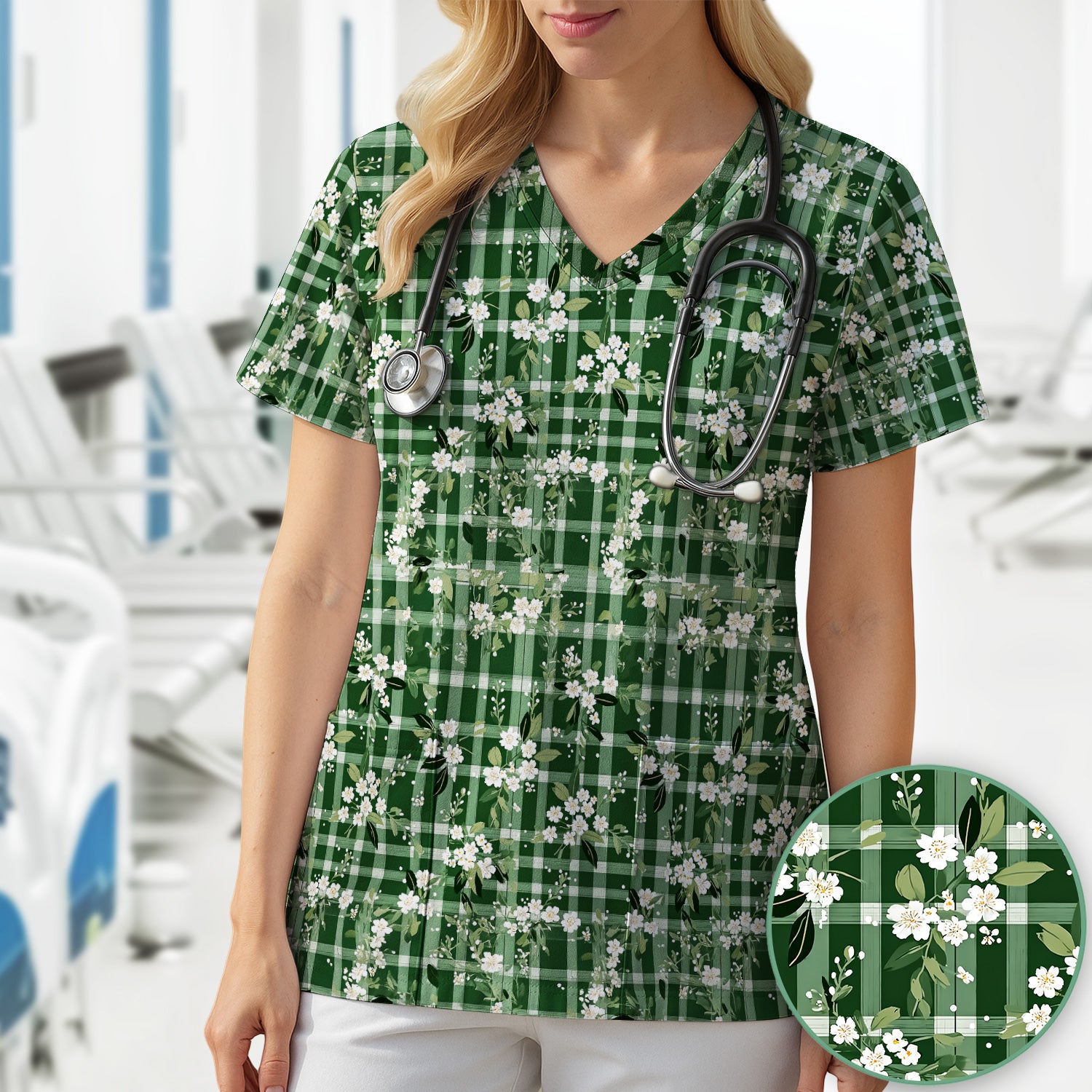 Cute Green Gingham Floral Print Scrub Top, Breathable Fabrics Nursing Uniform