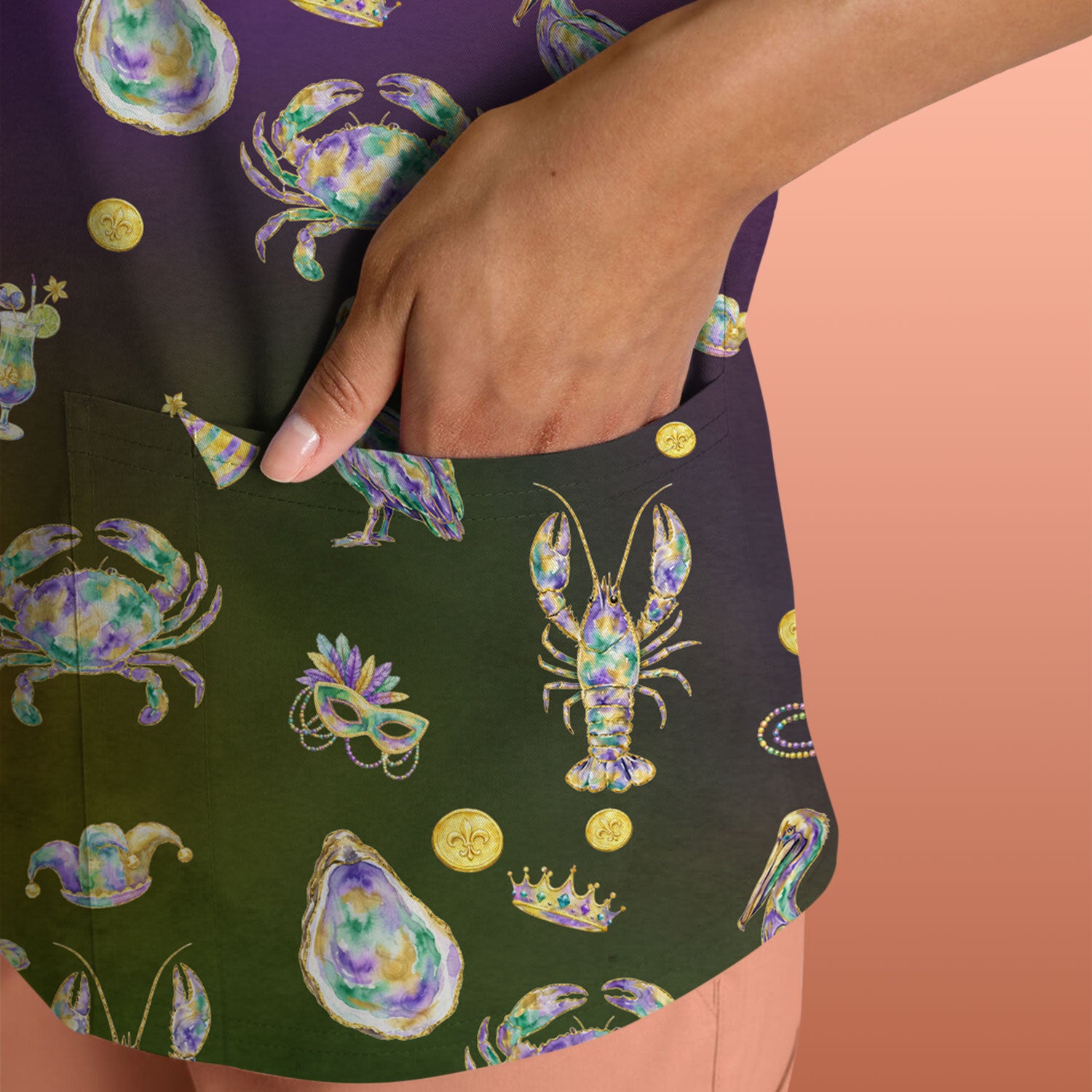 Mardi Gras Seafood Nurse Scrub Top, Comfortable Uniform Scrubs For Nursing