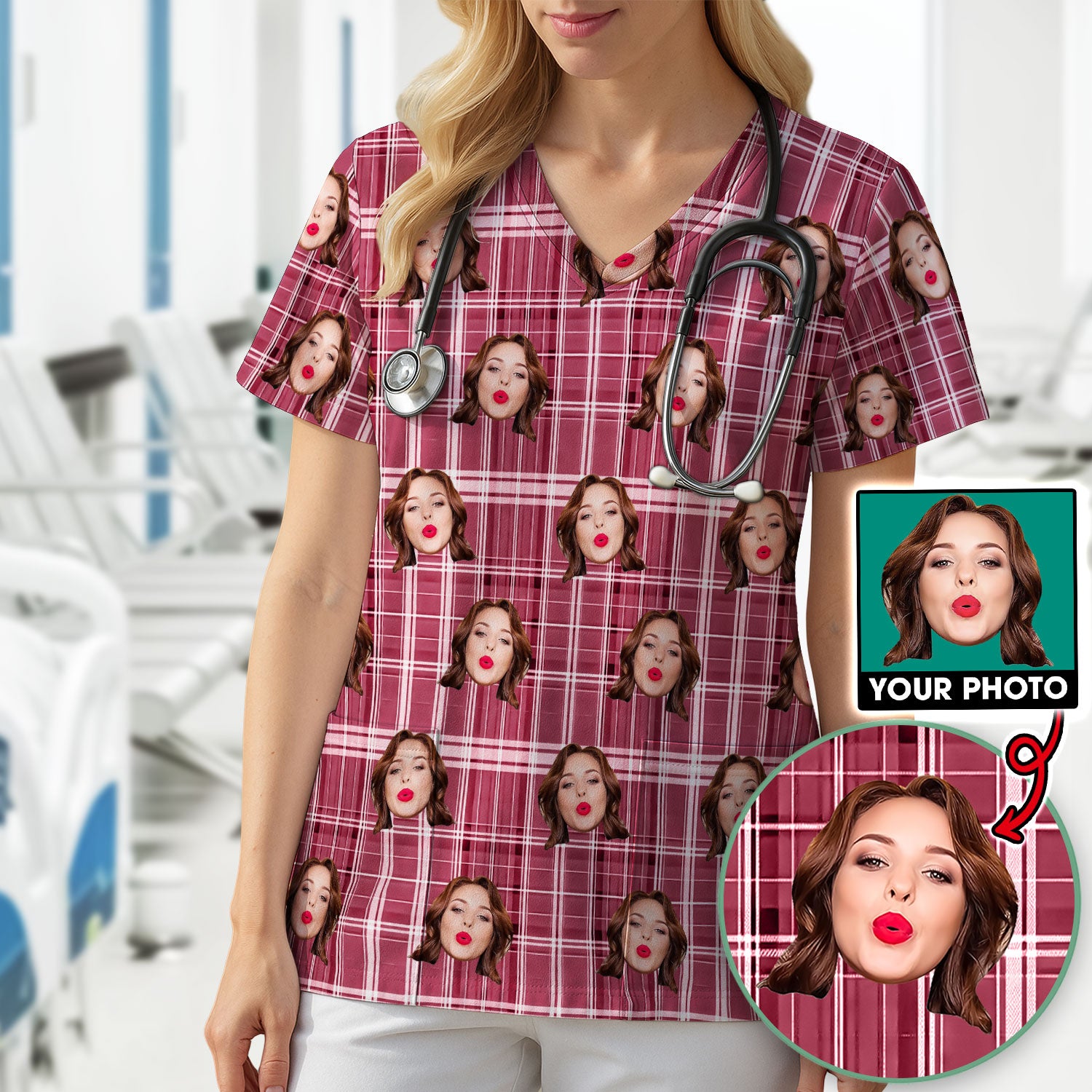 Personalized Funny Face Plaid Scrub Top, Custom Photo Pattern Medical Shirt, Breathable Fabrics Nursing Uniform