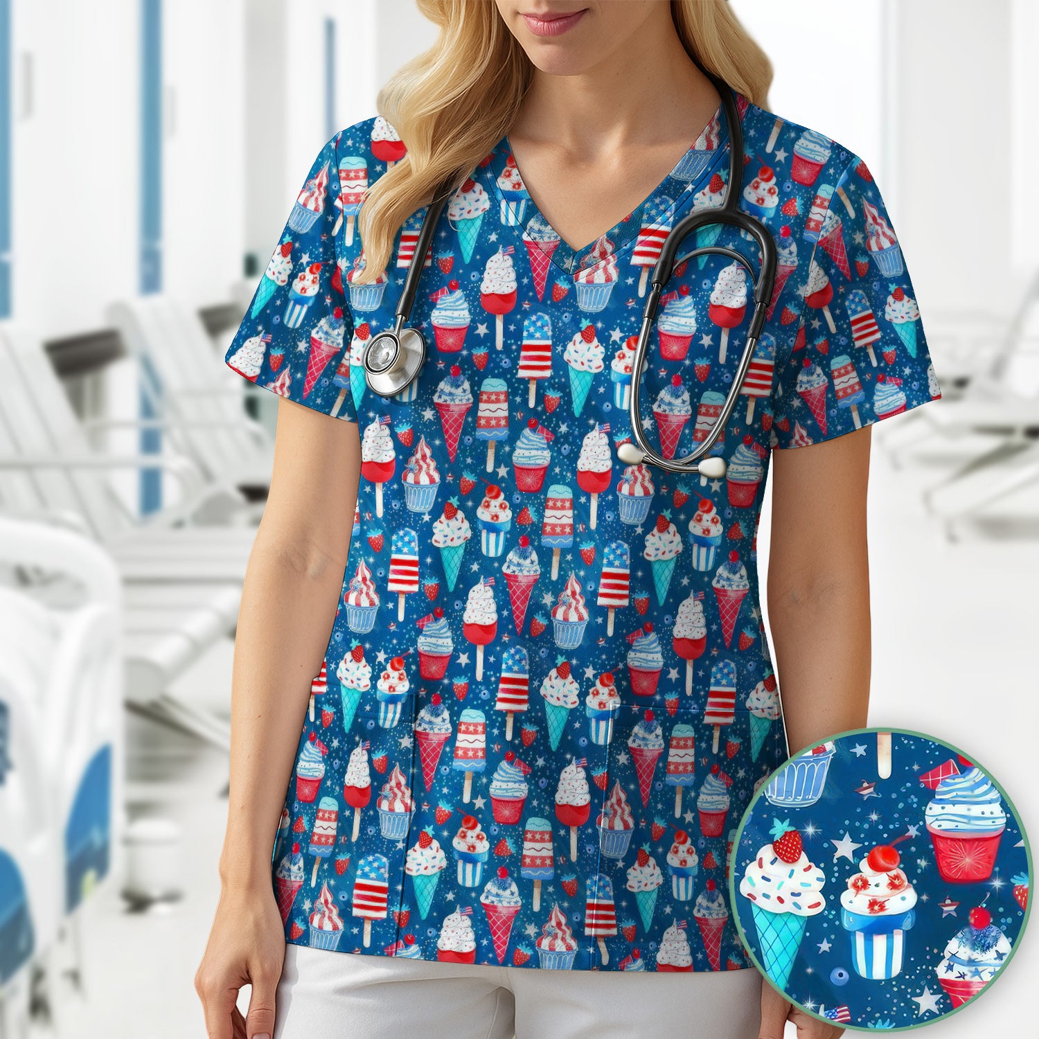 Cute Patriotic Ice Cream Popsicles With USA Flag Dessert Scrub Top, Comfortable Scrubs for Nurses