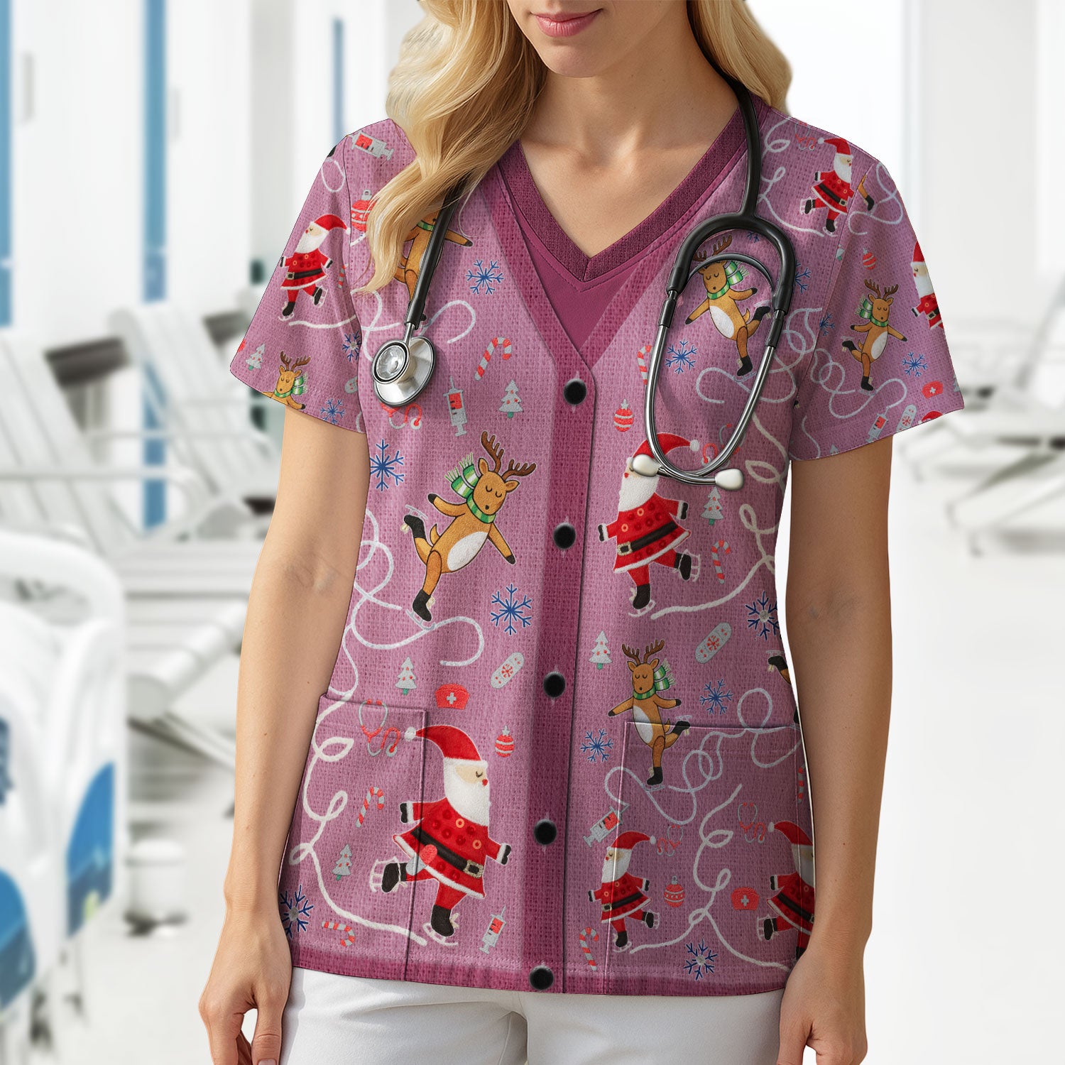 Christmas Reindeer Santa Nurse Scrub Top, Cute Holiday Medical Uniform Shirt for Women