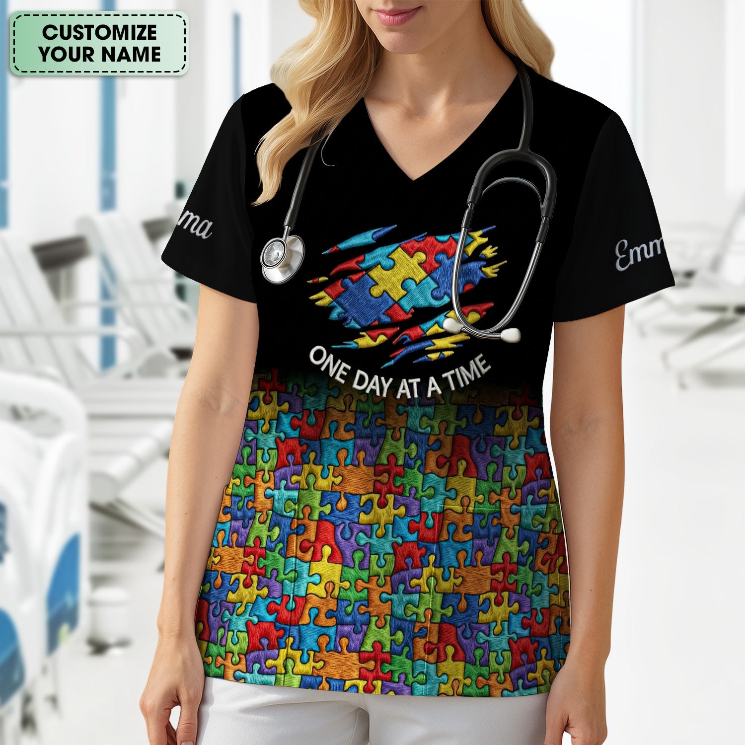 Personalized Autism Puzzle One Day At A Time Scrub Top,  Comfortable Scrubs for Nurses