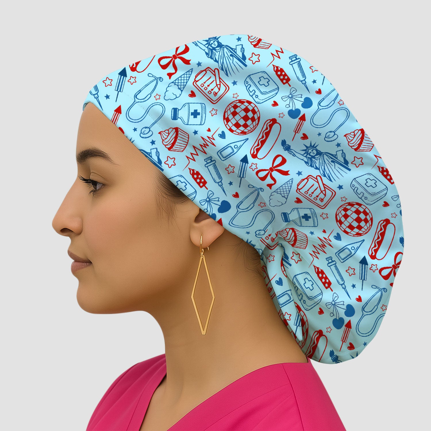 Patriotic Nurse Medical Icons Pattern Print Cap, Bouffant Scrub Caps for Women