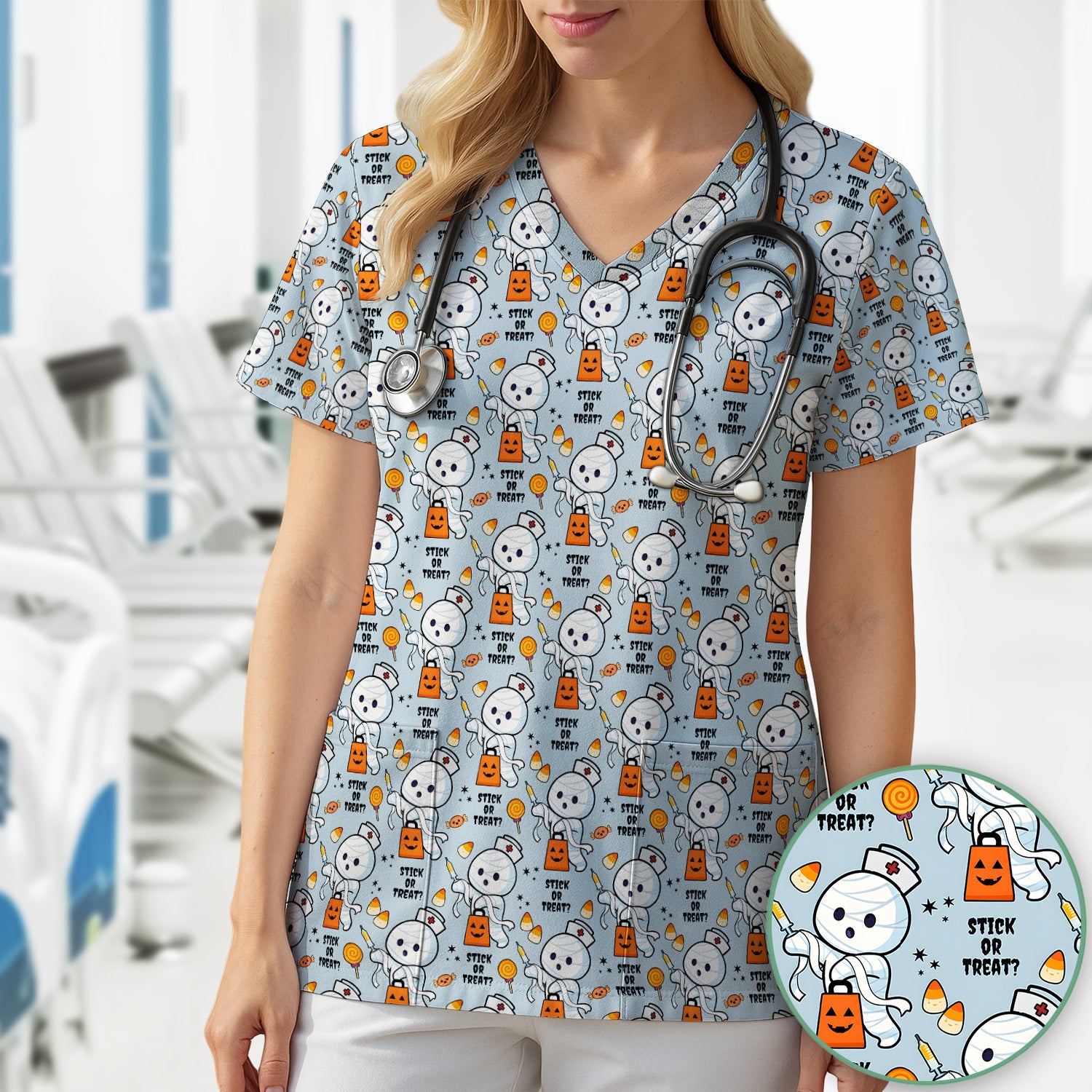 Funny Halloween Stick Or Treat Mummy Nurse Scrub Top, Comfortable Scrubs for Nurses