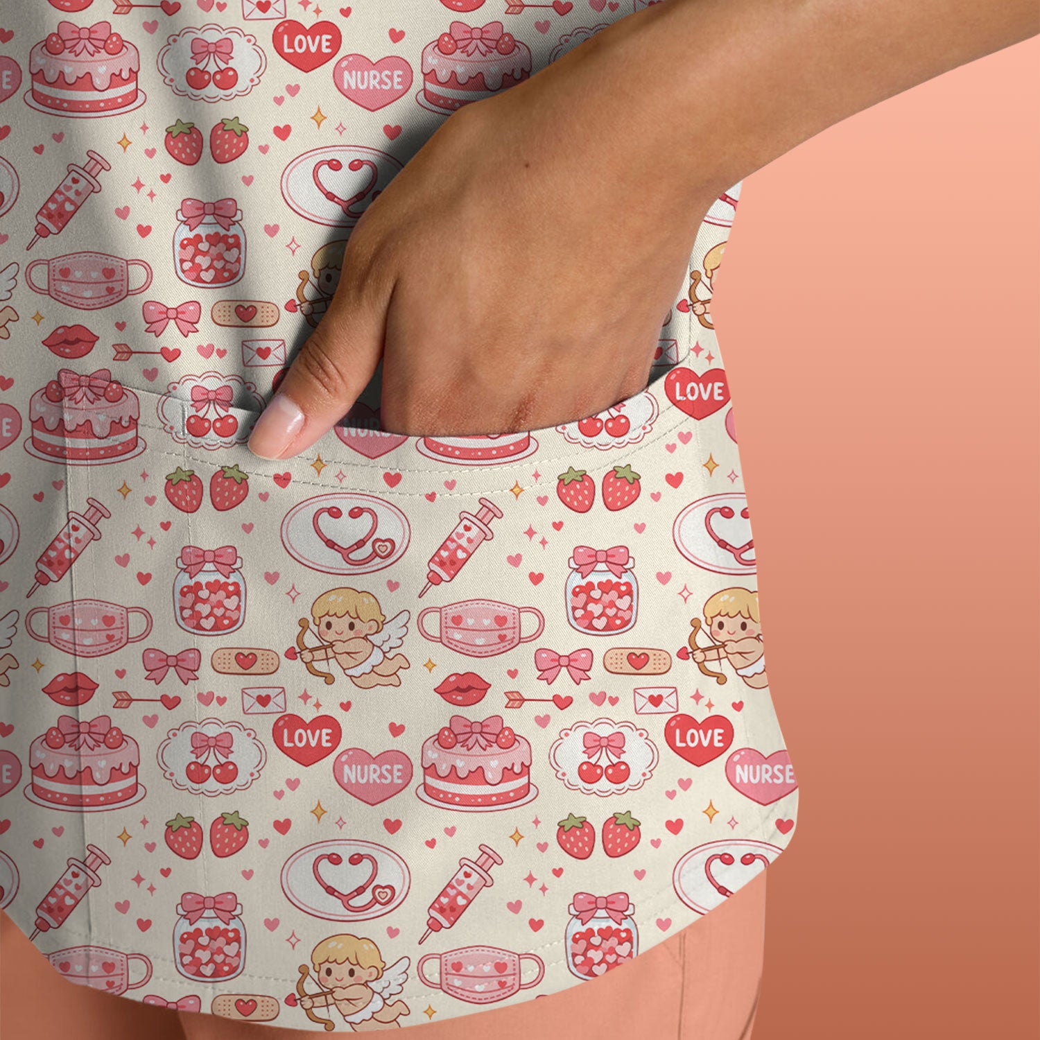 Cupid Nurse Scrub Top, Cute Love Medical Pattern Shirt For Valentine, Breathable Fabrics Nursing Uniform