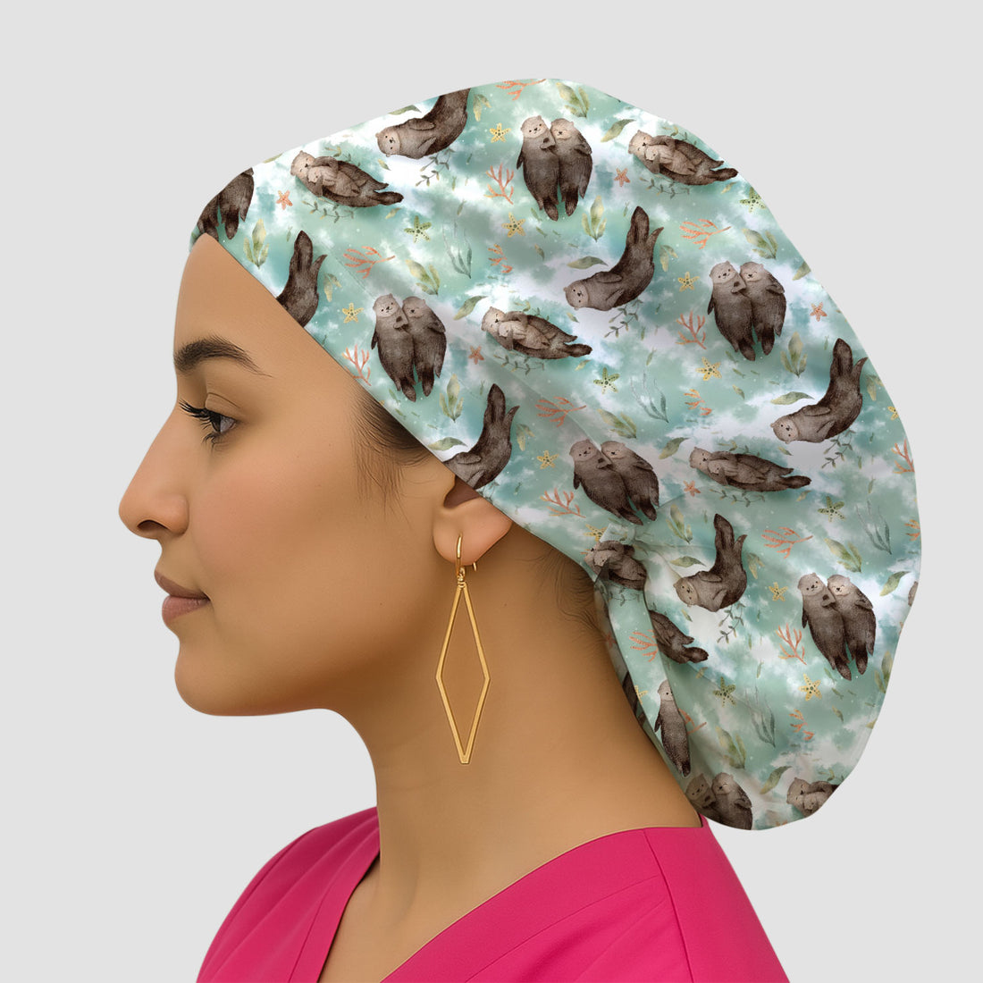 Cute Sea Otter Watercolor Print Scrub Cap, Breathable Fabrics Caps Uniform