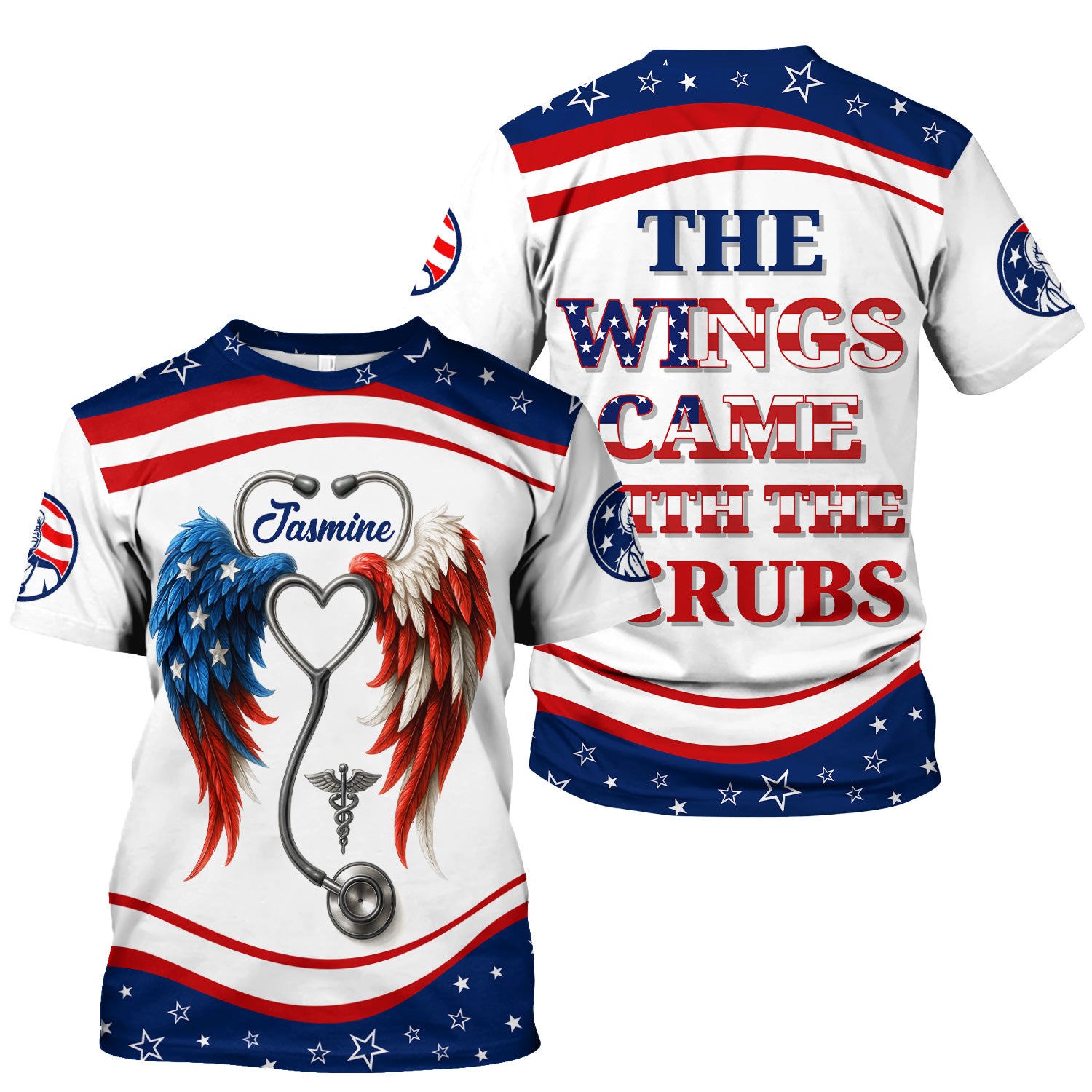 Personalized Nurse Shirt - American Flag Angel Wings & Scrubs Design - Patriotic Gift for RN LPN CNA Women