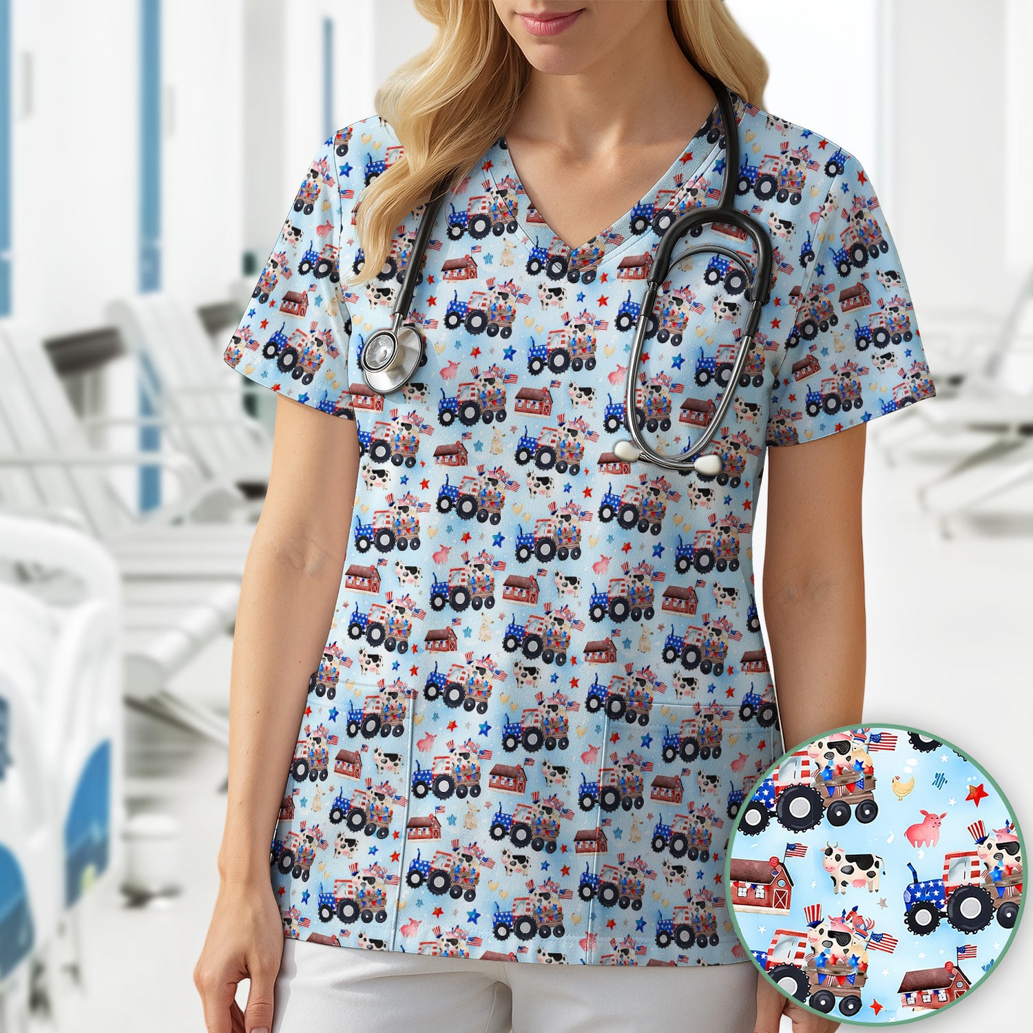 Patriotic Cow Tractor Farm Stars Pattern Scrub Top, Comfortable Scrubs for Nurses