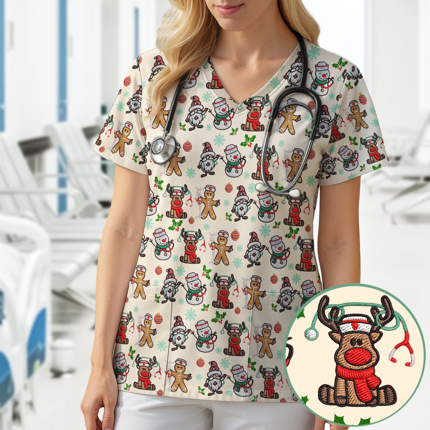 Christmas Gingerbread Scrubs for Women - Comfortable Scrubs for Nurses - Reindeer Santa Med Shirt - Breathable Fabrics Nursing Uniform