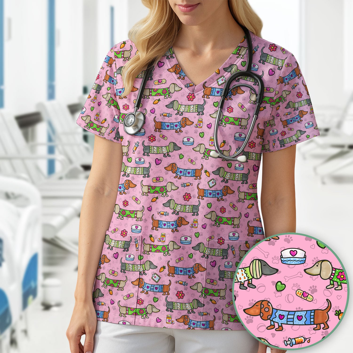 Cute Dachshund Nurse Scrub Top, Funny Wiener Dog Nursing Shirt, Breathable Fabrics Nursing Uniform