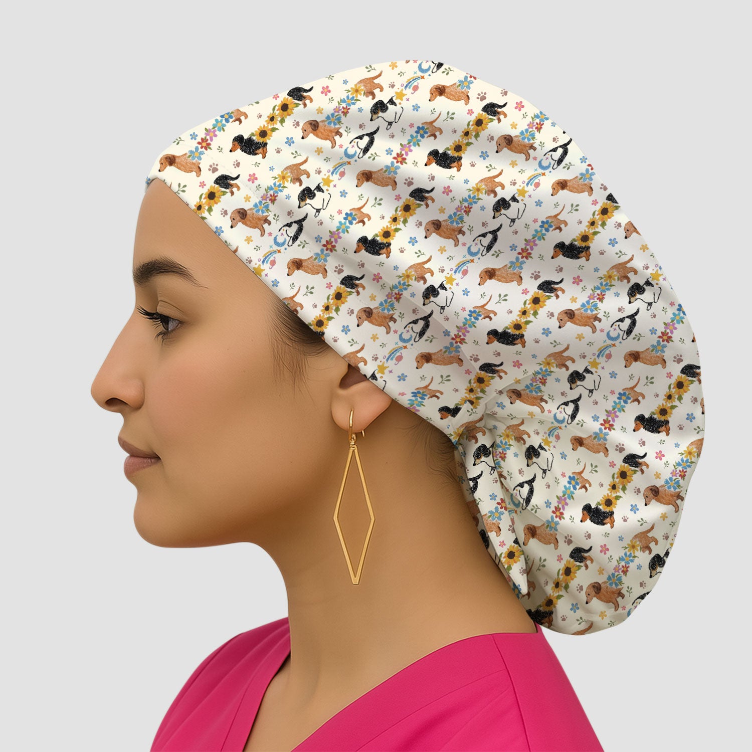 Floral Wiener Dog Pattern Print Cap, Bouffant Scrub Caps for Women