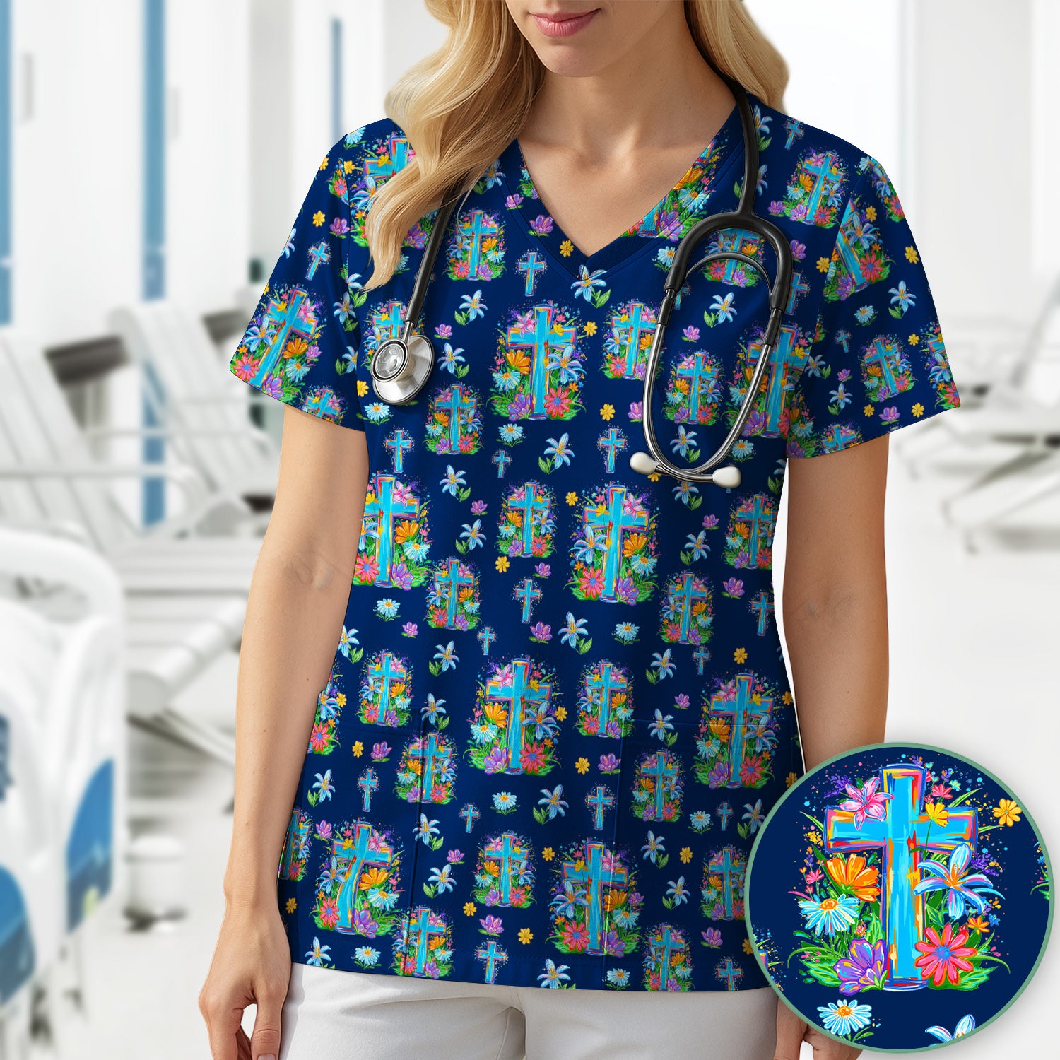 Christian Floral Cross Spring Pattern Scrub Top, Comfortable Scrubs for Nurses