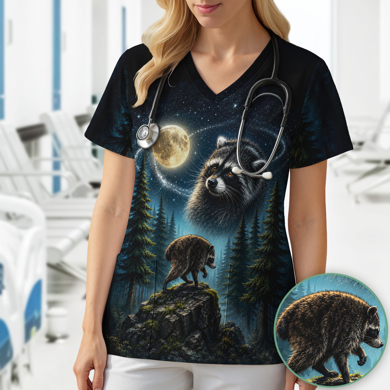 Raccoon On A Moonlit Branch Print Scrub Top, Comfortable Scrubs for Nurses