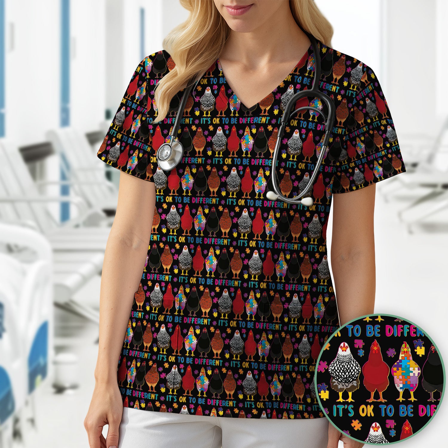 Autism Chicken It’s OK to Be Different Print Scrub Top, Comfortable Scrubs for Nurses
