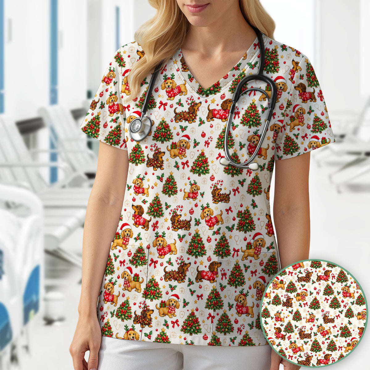 Cute Christmas Dachshund And Tree Pattern Scrub Top, Comfortable Scrubs for Nurses