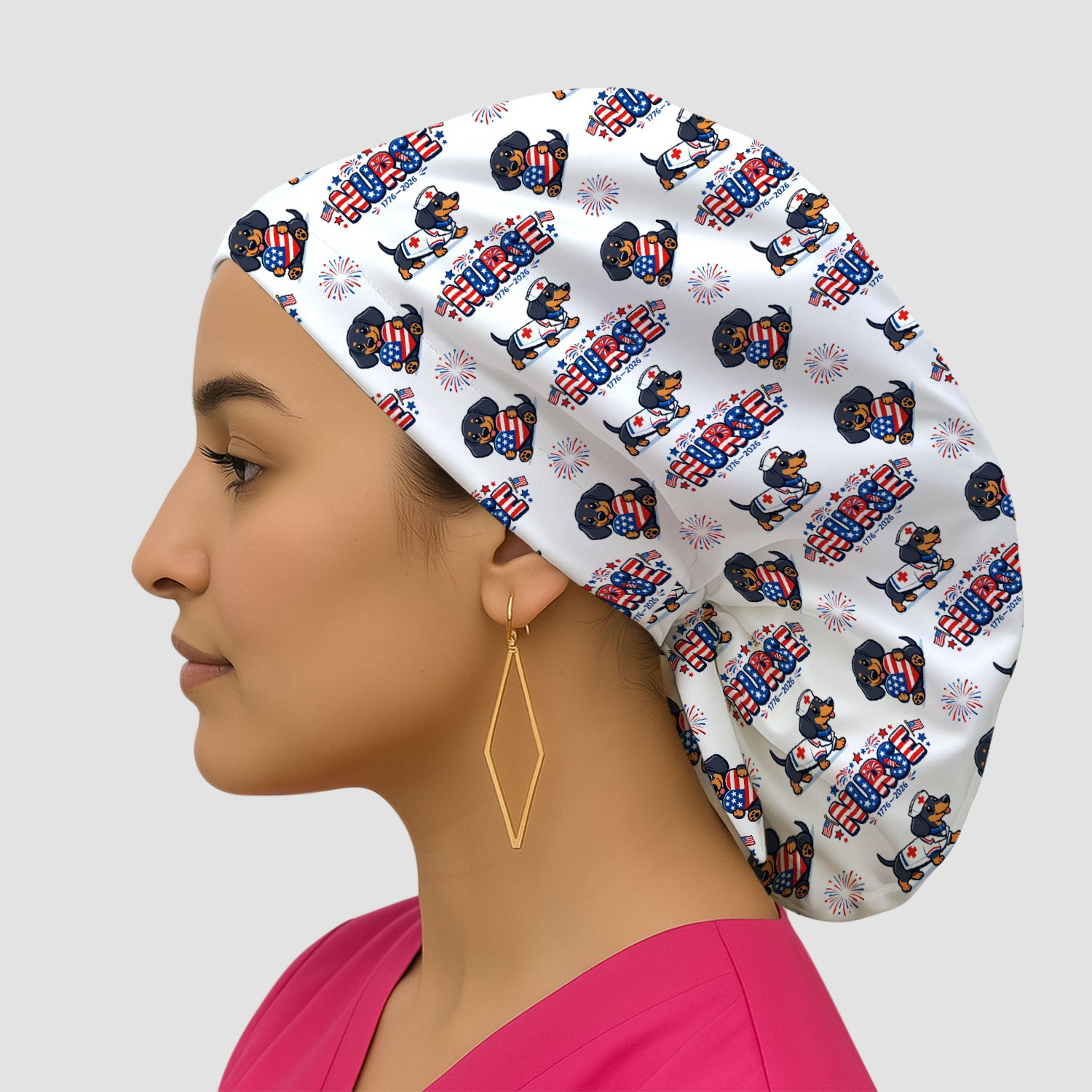 Proud Nurse Patriotic Dachshund Medical Firework Pattern Cap, Bouffant Scrub Caps for Women