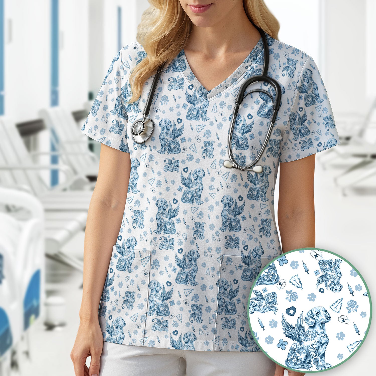 Toile de Jouy Dachshund Angel Scrub Top - Blue Vintage Dog Nurse Shirt - Memorial Christmas Gift