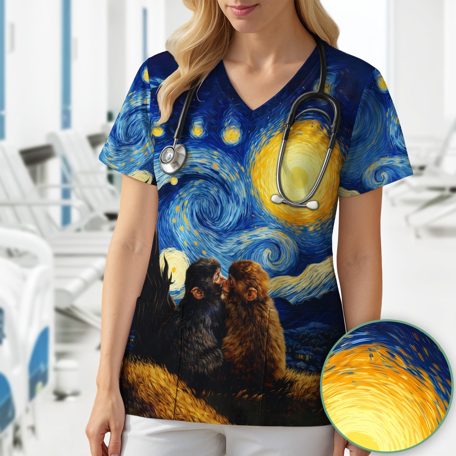 Romantic Monkey Couple Night Sky Pattern Scrub Top, Breathable Fabrics Nursing Uniform