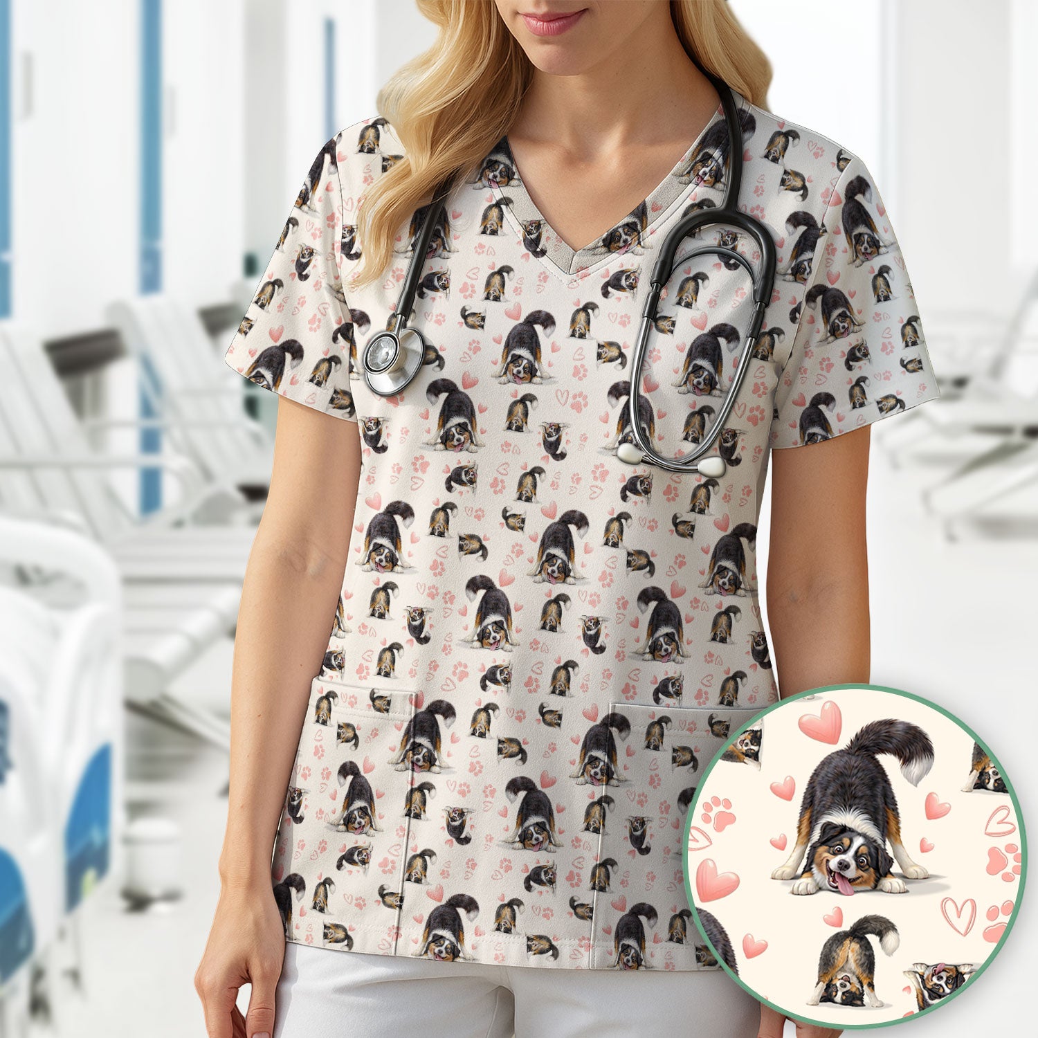 Playful Dog Heart Medical Print Scrub Top, Breathable Fabrics Nursing Uniform