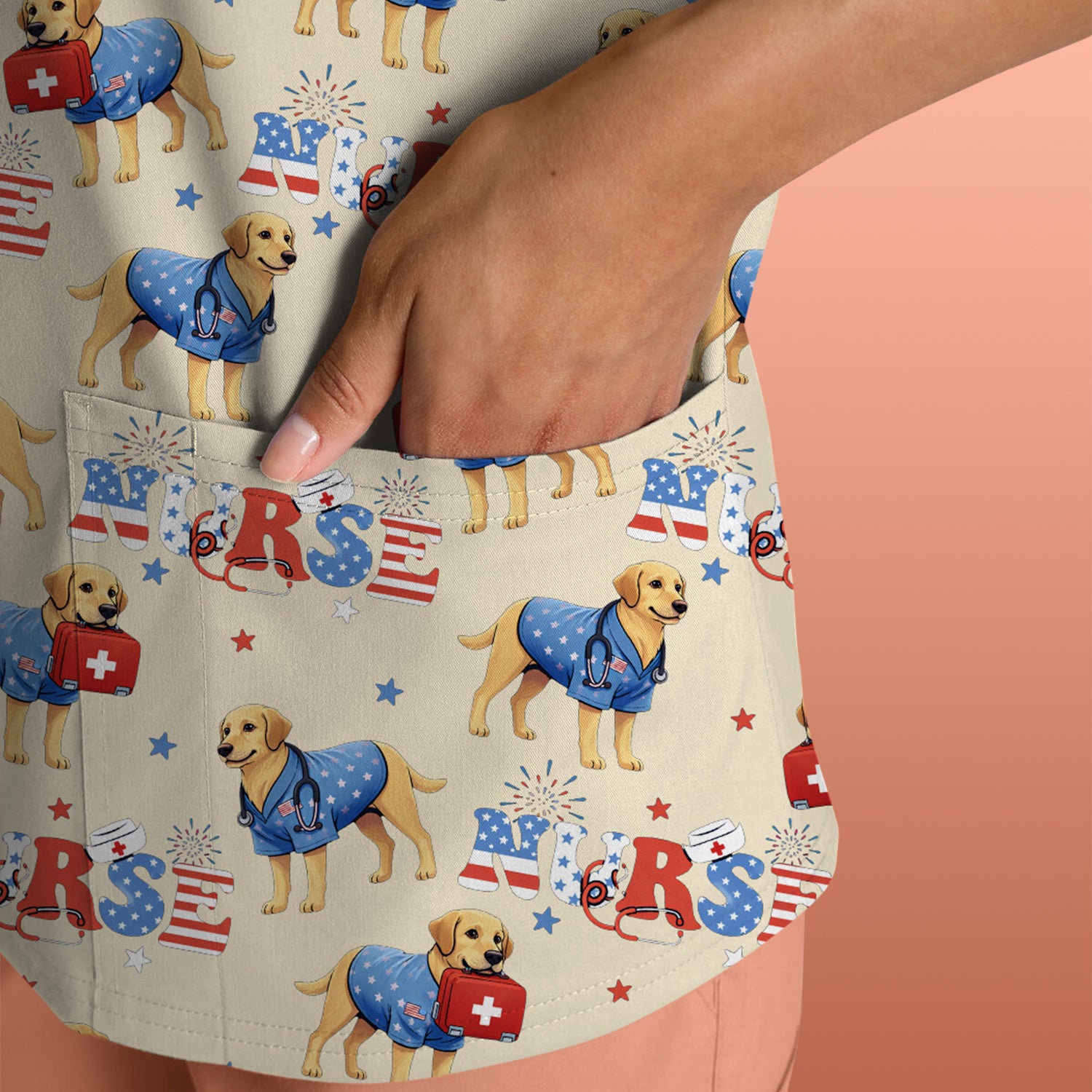 Patriotic Nurse Dog Medical Pattern Scrub Top, Breathable Fabrics Nursing Uniform