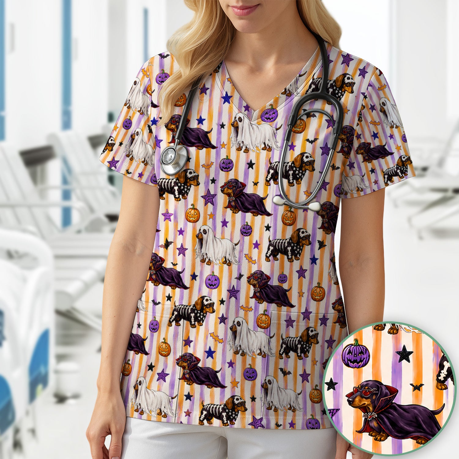 Halloween Dachshund Stripe Pattern Scrub Top, Comfortable Scrubs for Nurses