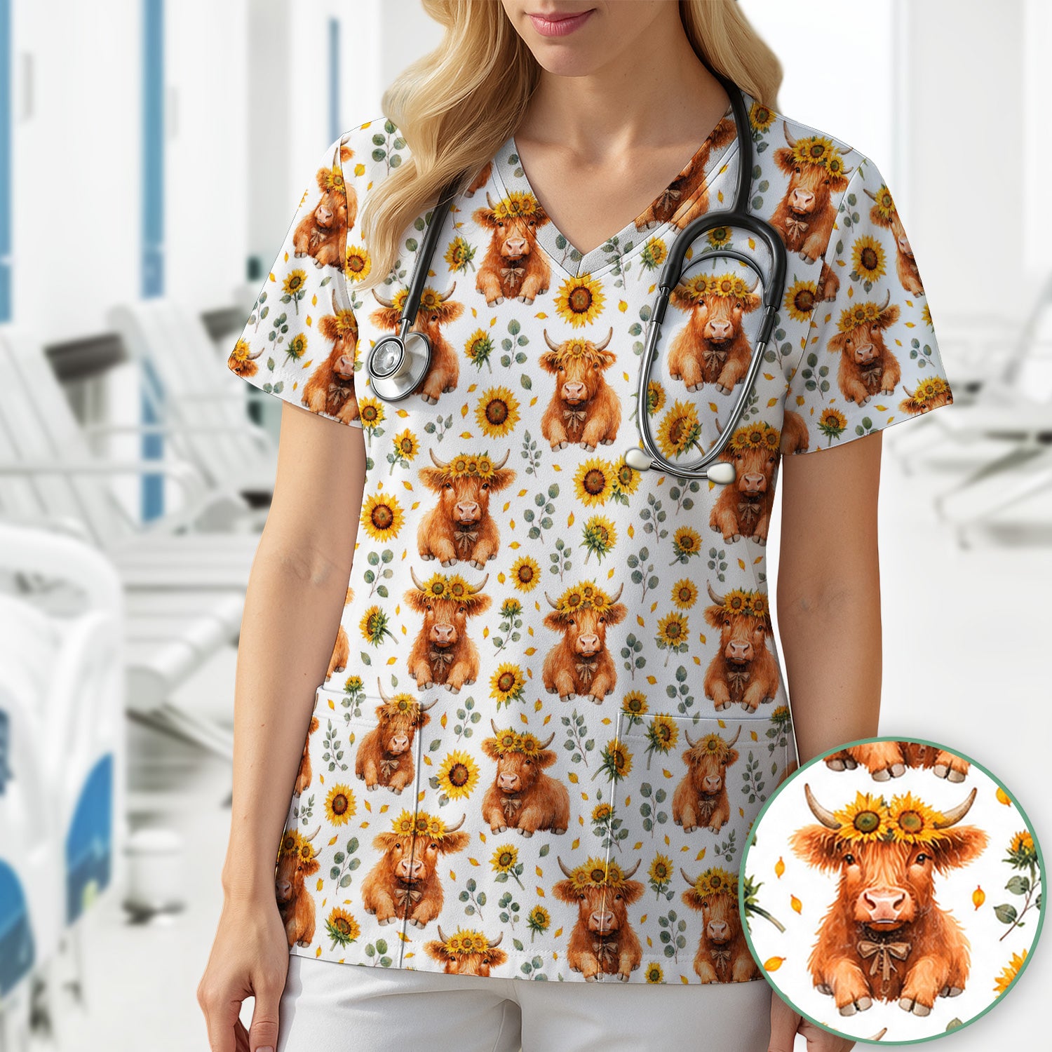 Rustic Highland Cow Floral Pattern Scrub Top, Comfortable Scrubs for Nurses
