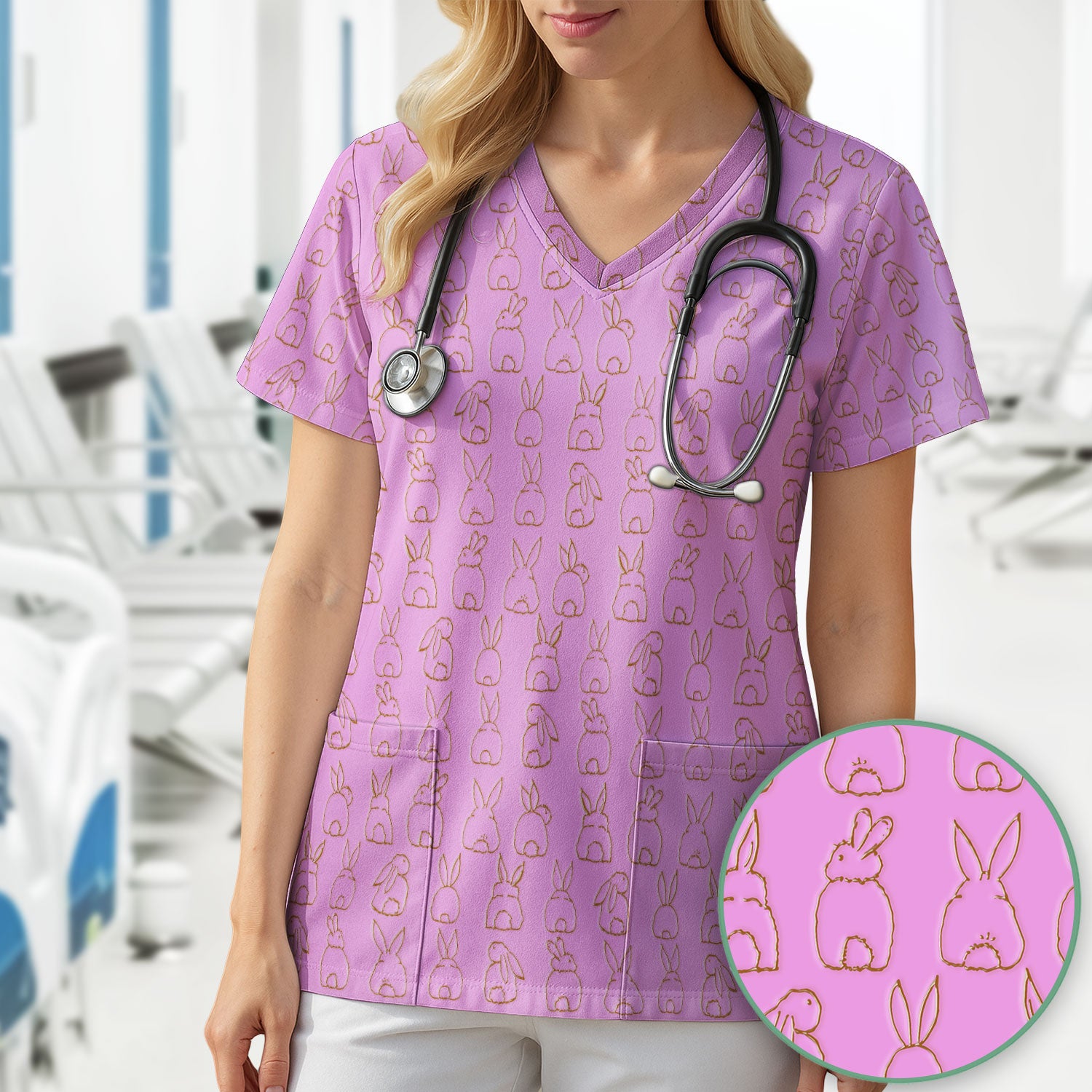 Cartoon Bunny Line Art Pattern Medical Scrub Top, Comfortable Scrubs for Nurses, Easter