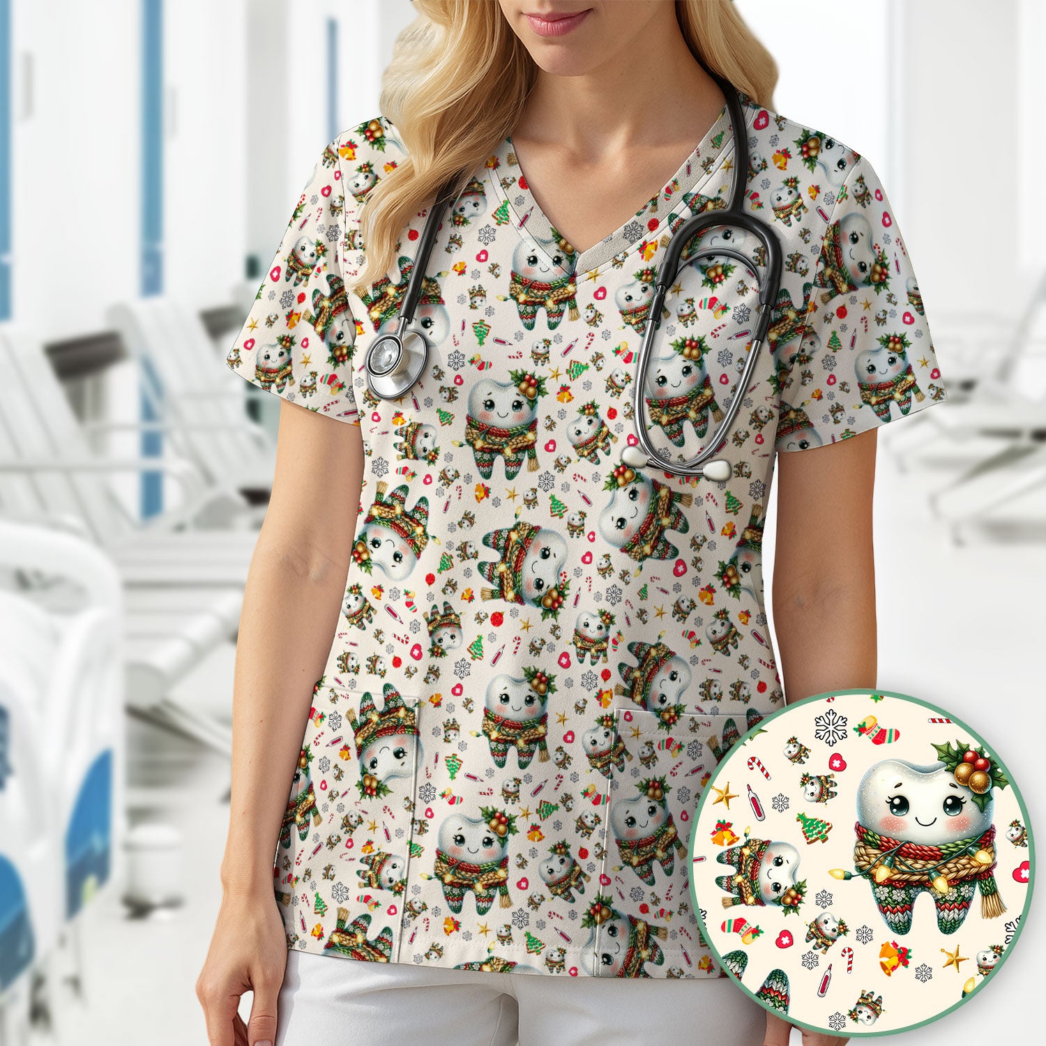 Christmas Tooth Scrub Top, Funny Dental Holiday Nurse Shirt For Women, Breathable Fabrics Nursing Uniform , Dentist Gift Idea